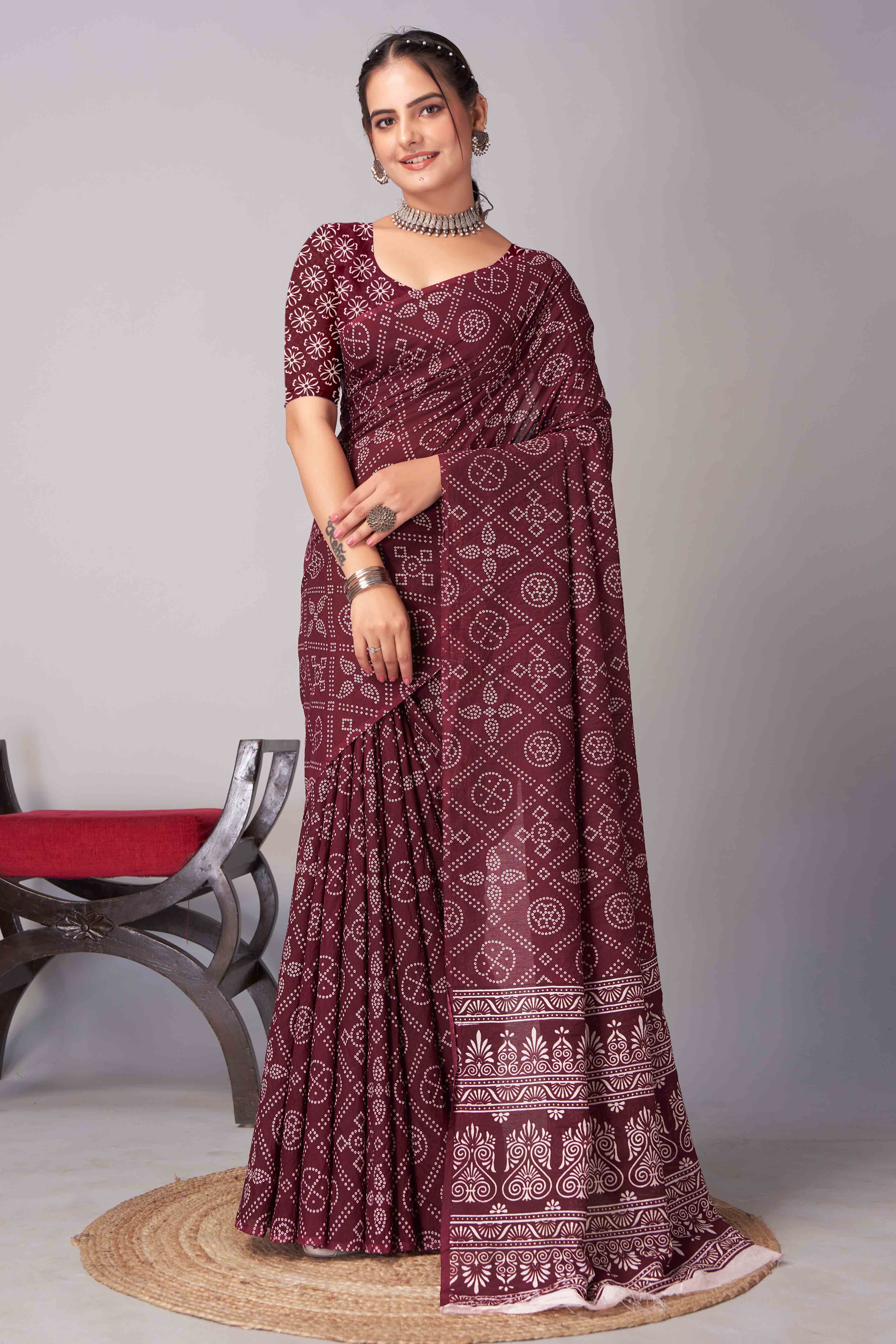 Dark Maroon Ajrakh Printed Cotton Blend Saree - Image 3