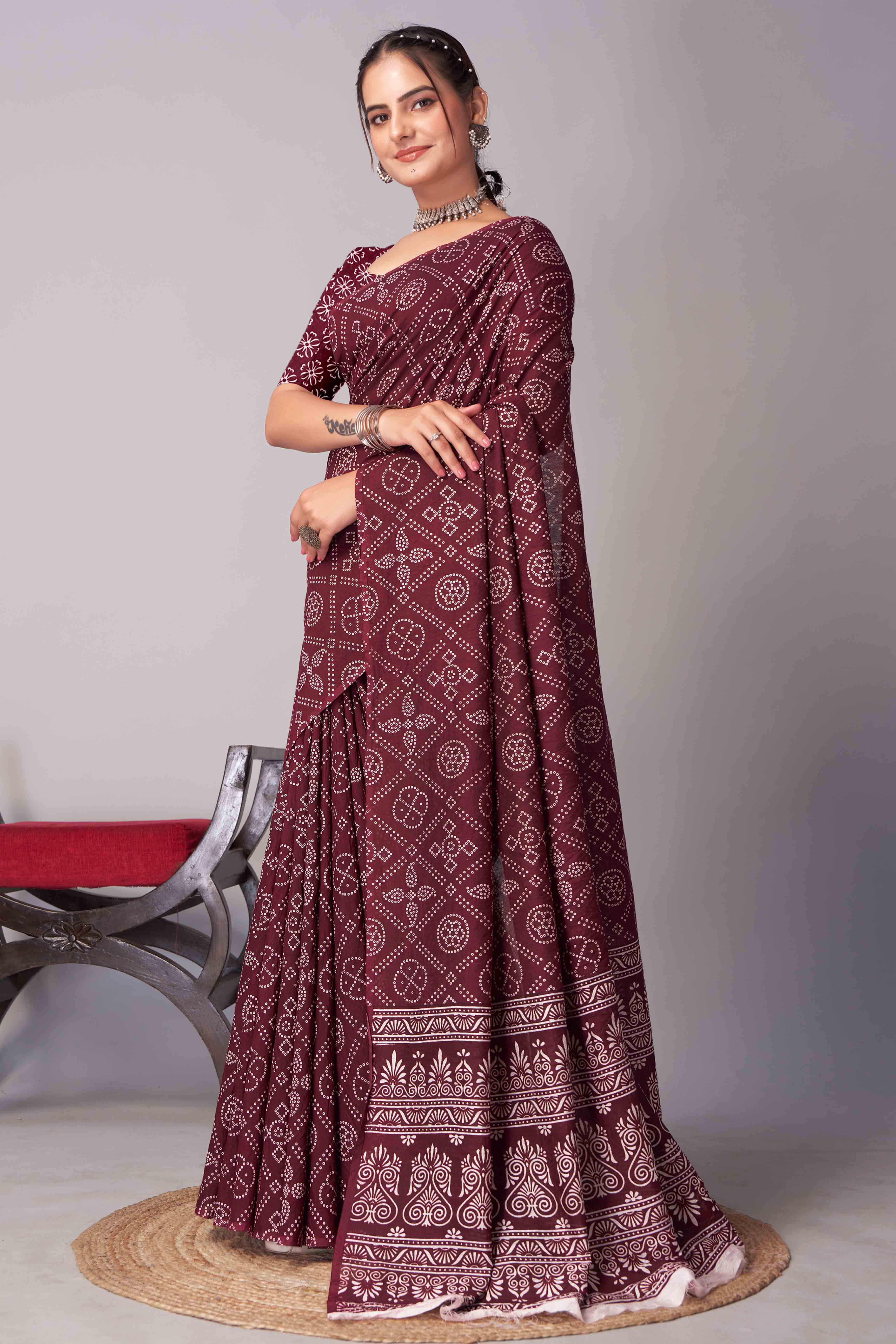 Dark Maroon Ajrakh Printed Cotton Blend Saree - Image 4