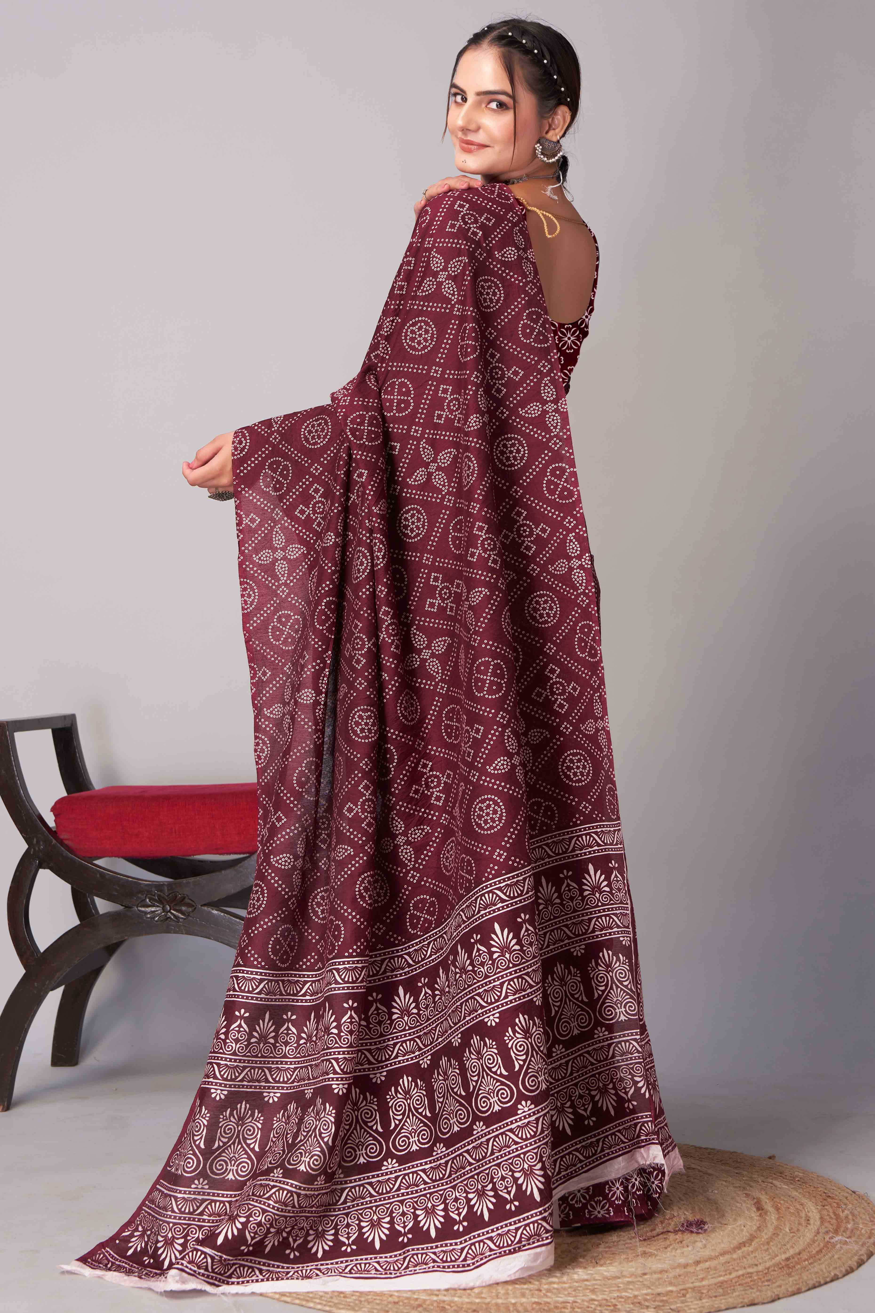 Dark Maroon Ajrakh Printed Cotton Blend Saree - Image 5