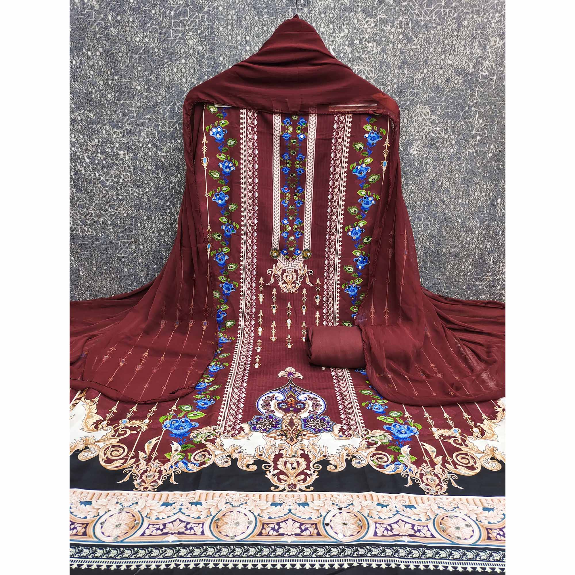 Dark Maroon Floral Digital Printed Rayon Dress Material Highlighted With Mirror Work - Image 3