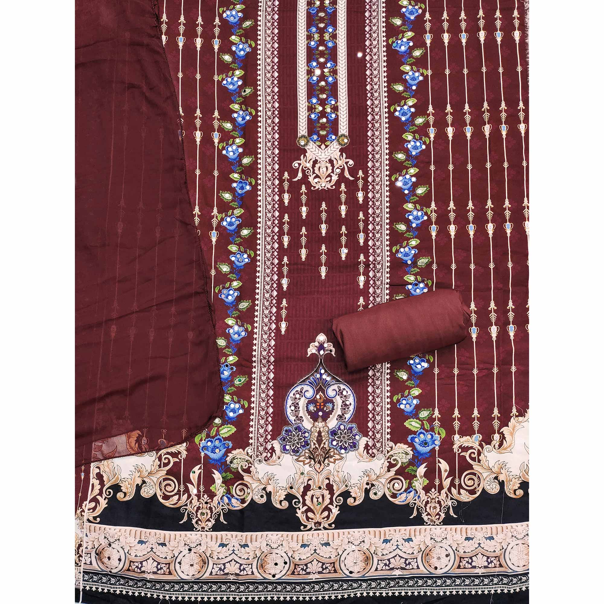 Dark Maroon Floral Digital Printed Rayon Dress Material Highlighted With Mirror Work - Image 4