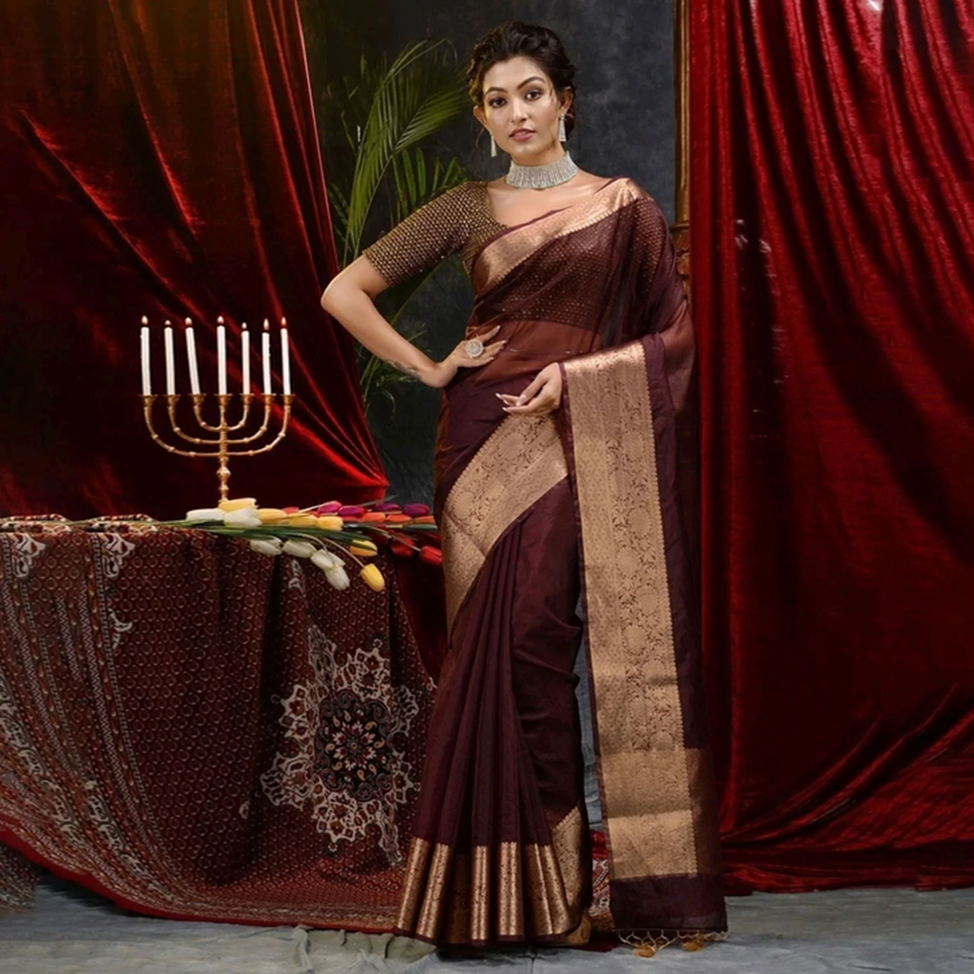 Dark Maroon Solid Organza Saree With Zari Border - Image 4