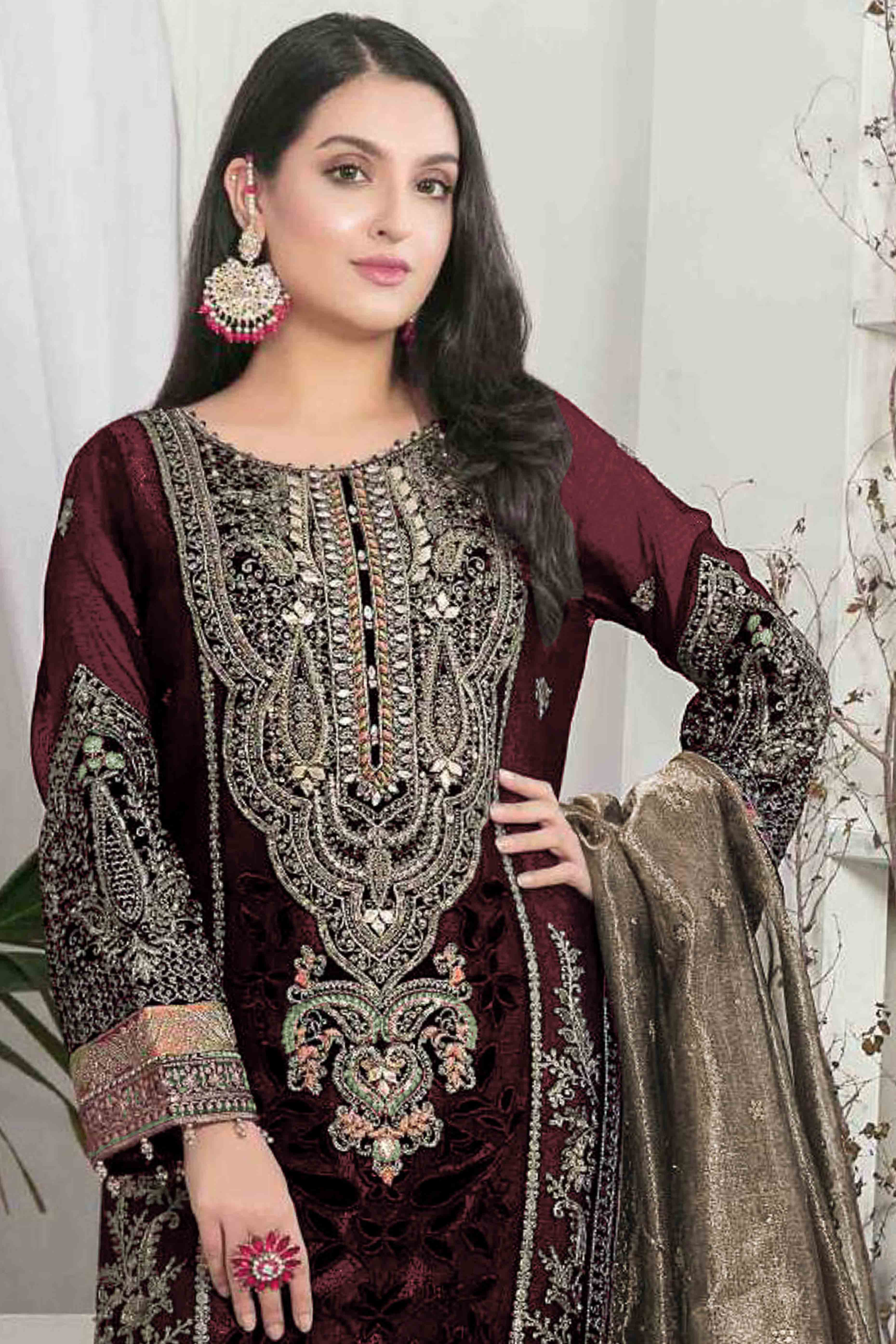 Dark Maroon Velvet Dress Material Adorned with Sequins & Thread Embroidery - Image 3