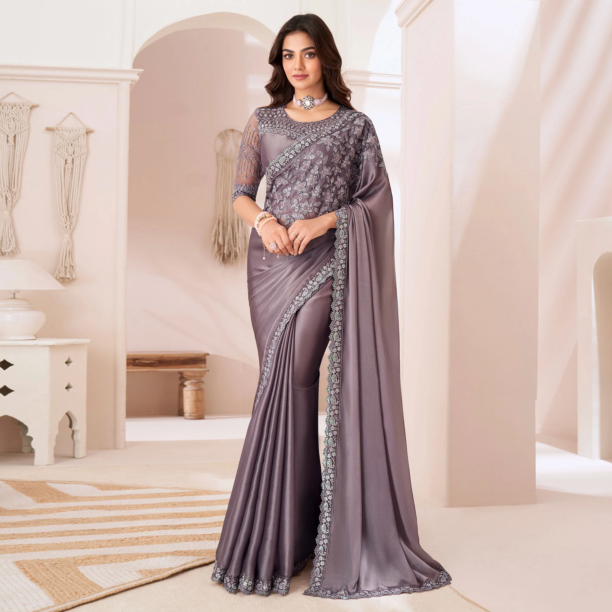 Dark Mauve Embroidered Satin Saree - Image 2