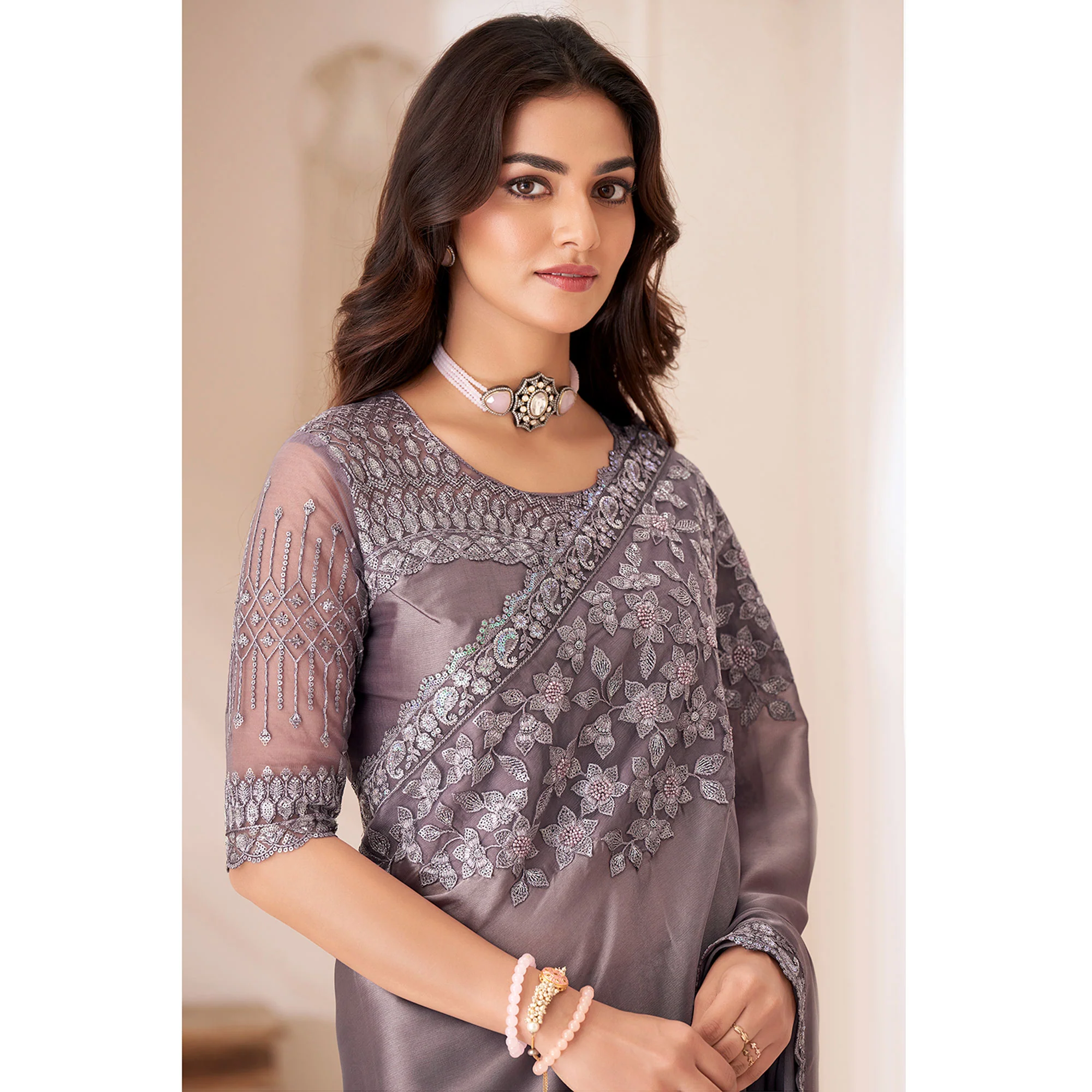 Dark Mauve Embroidered Satin Saree - Image 4