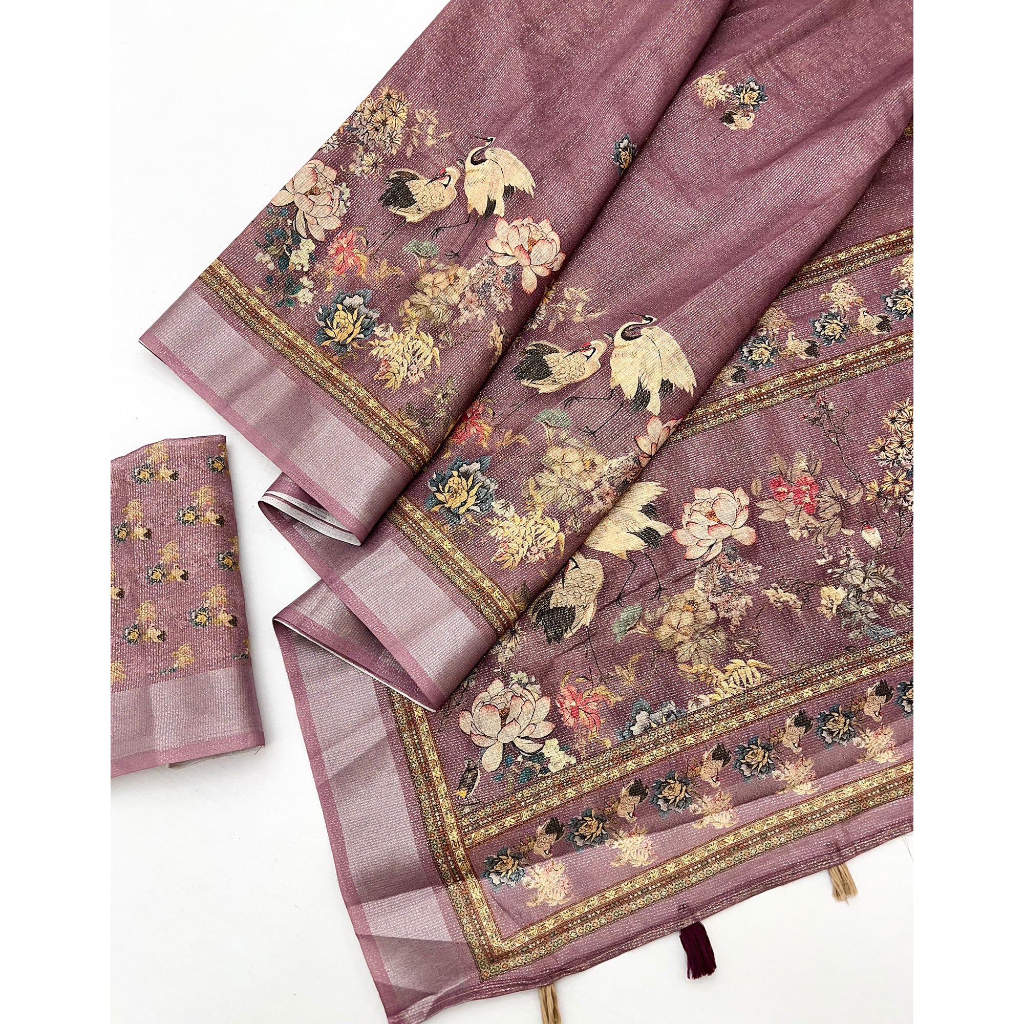 Dark Mauve Floral Digital Printed Cotton Blend Weaving Zari Saree With Tassel Pallu - Image 3