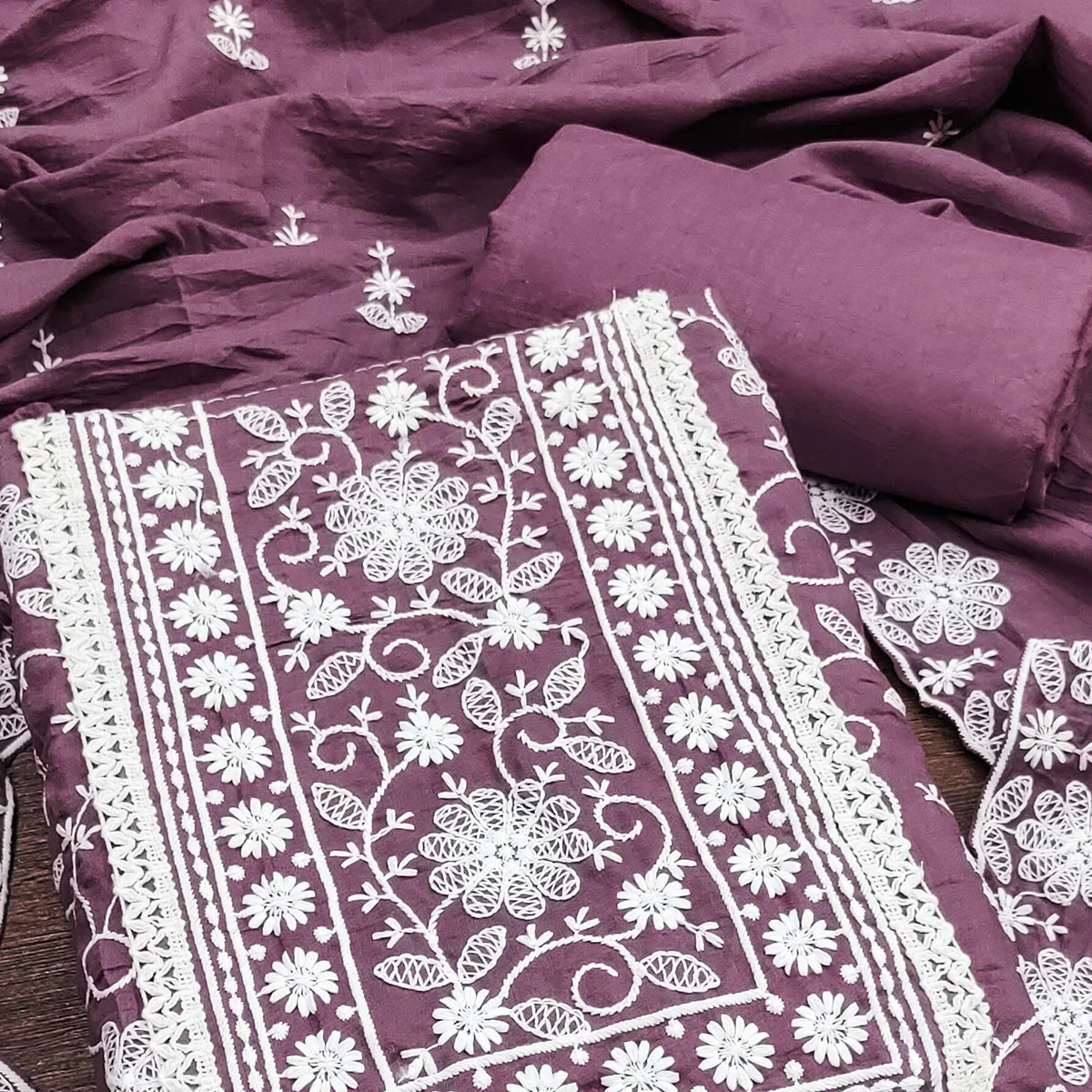 Dark Mauve Floral Embroidered Art Silk Dress Material - Image 2