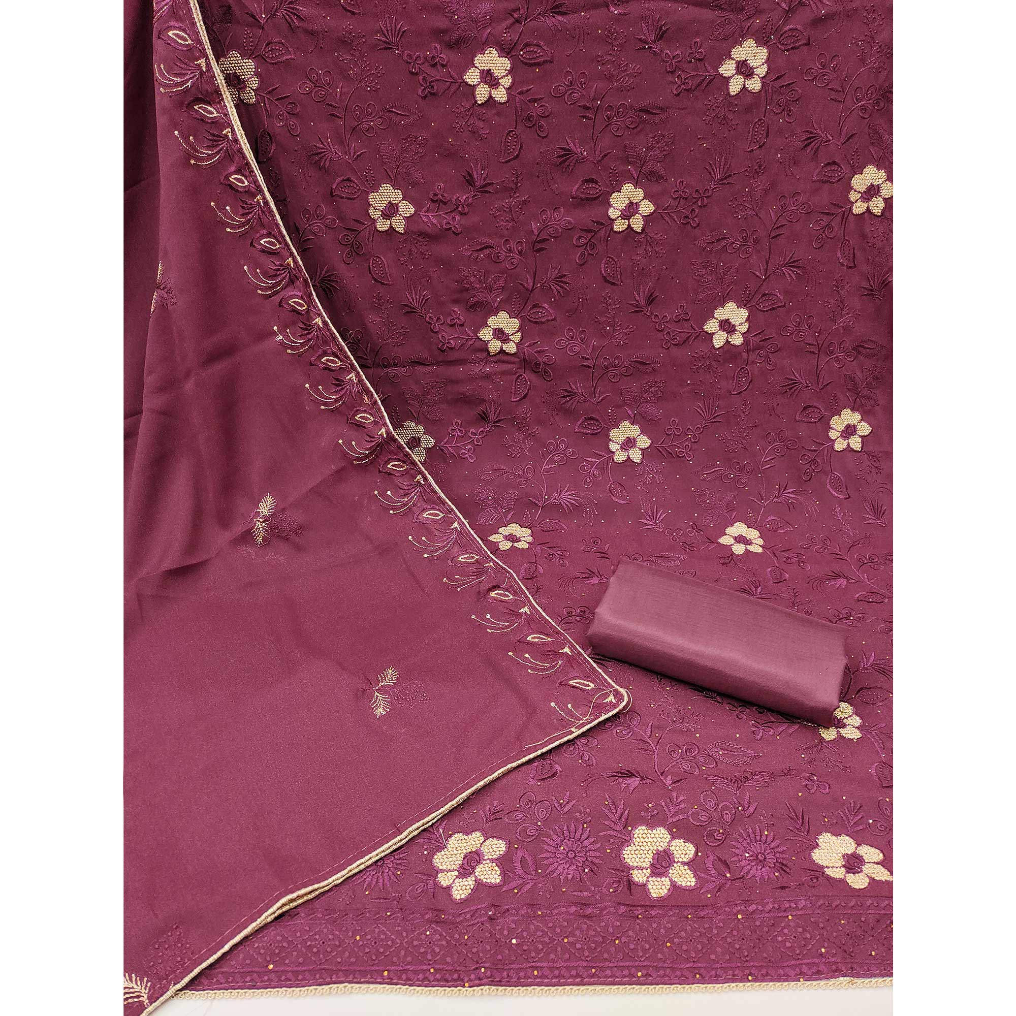 Dark Mauve Floral Embroidered With Stonework Georgette Dress Material - Image 3
