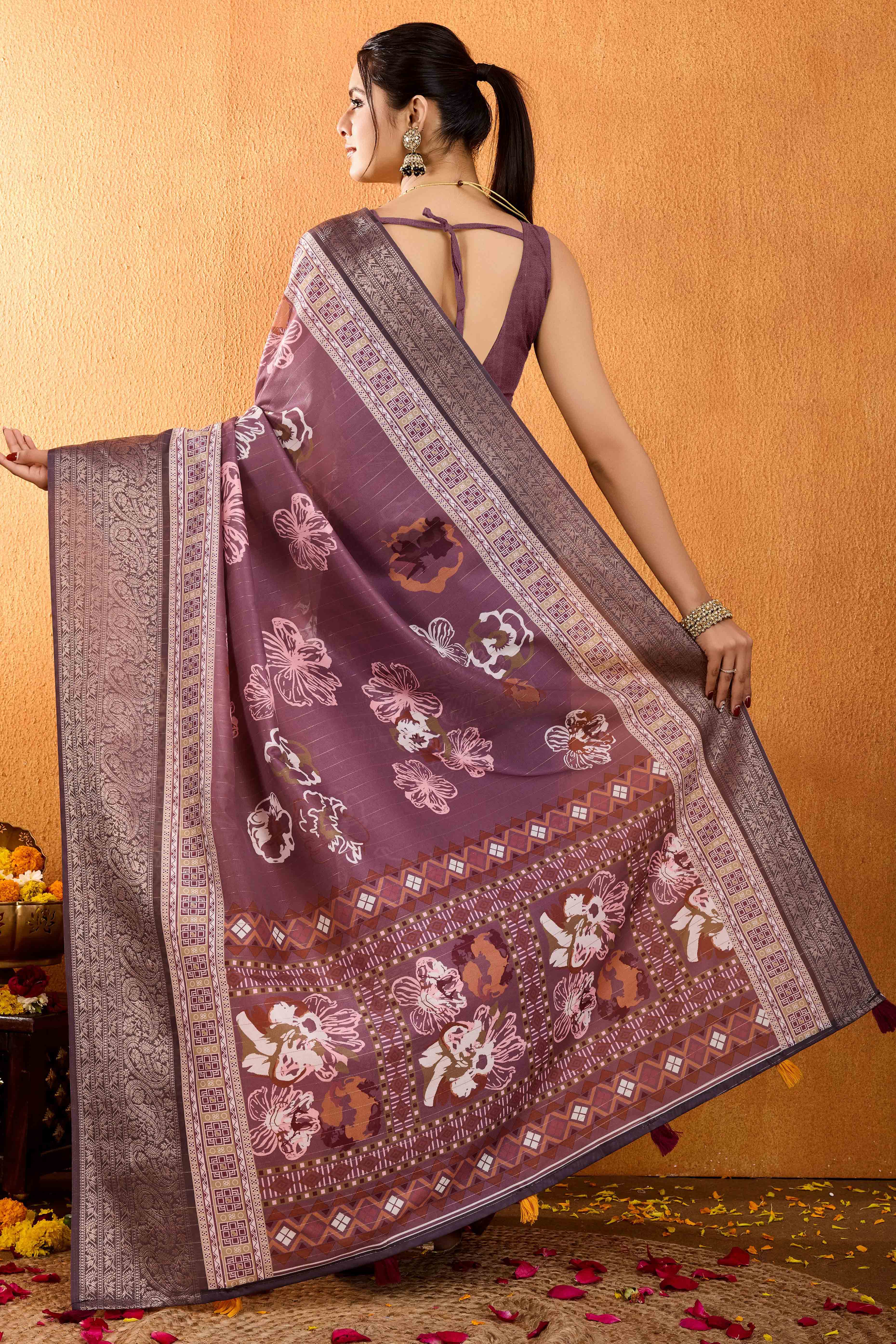 Dark Mauve Floral Printed Crepe Saree With Rich Zari Border - Image 6