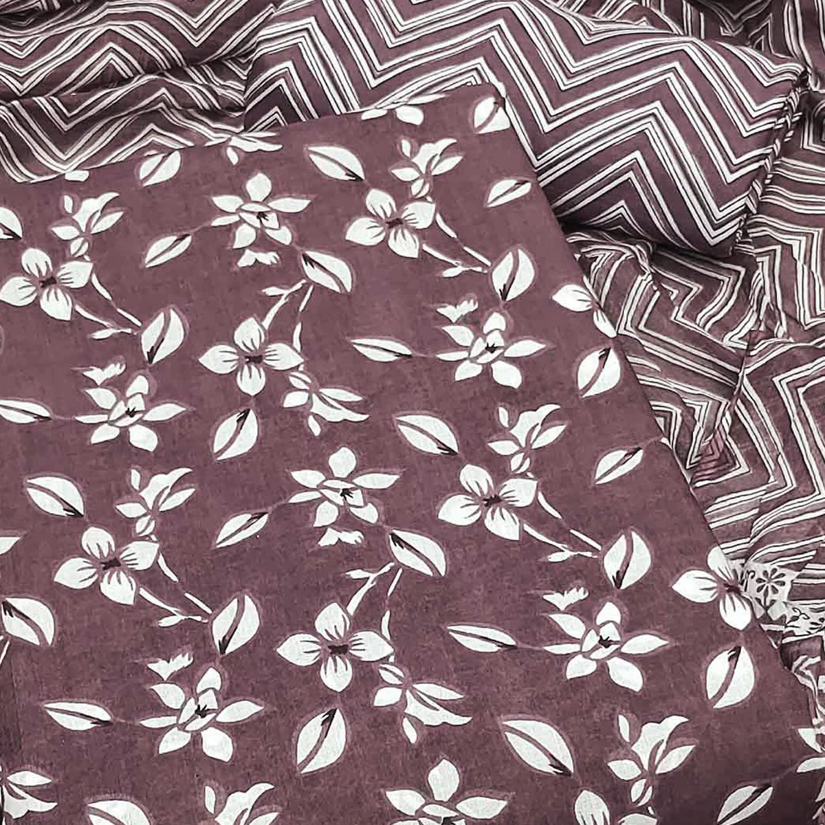 Dark Mauve Floral Printed Pure Cotton Dress Material - Image 2