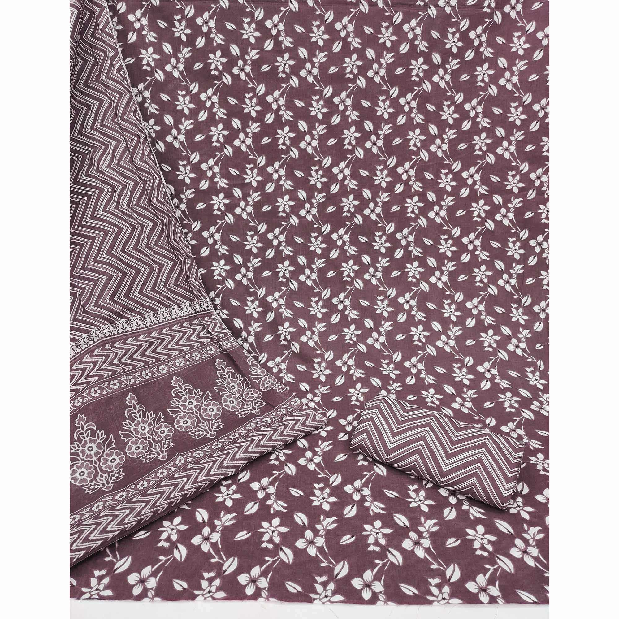 Dark Mauve Floral Printed Pure Cotton Dress Material - Image 3