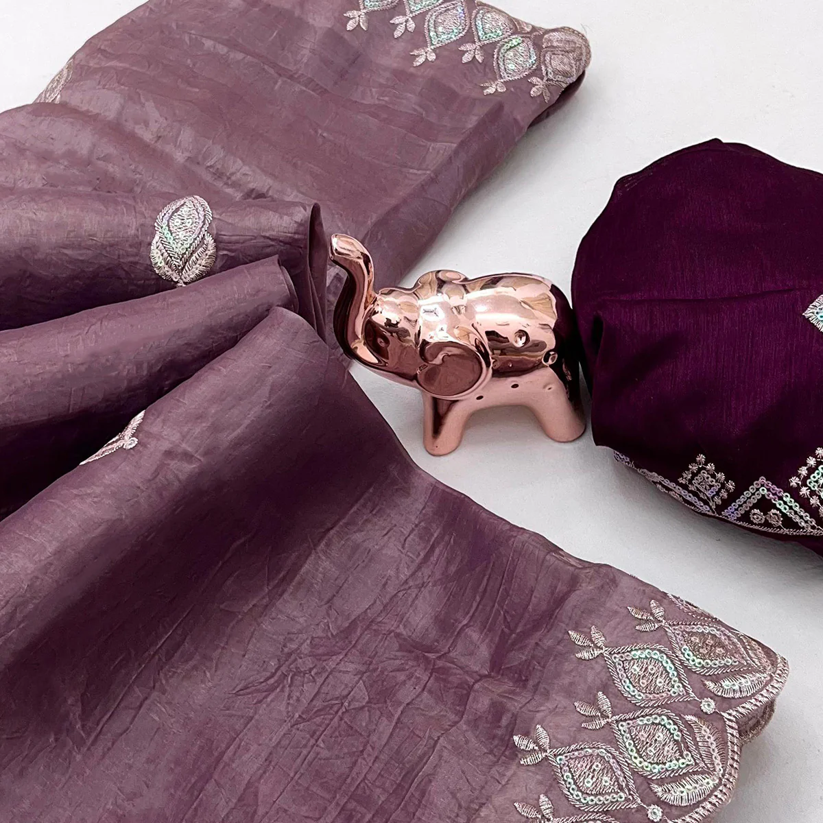 Dark Mauve Floral Sequins Embroidered Fancy Fabrics Crush Saree - Image 2