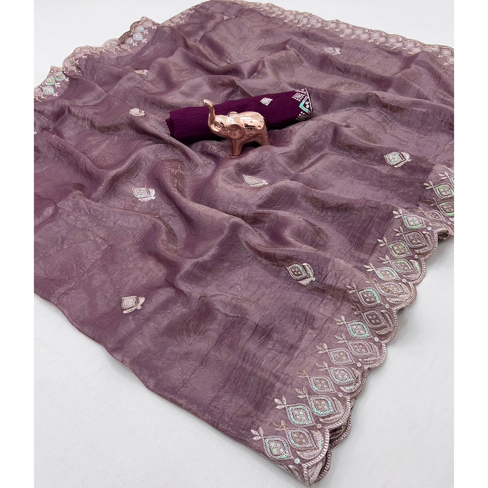 Dark Mauve Floral Sequins Embroidered Fancy Fabrics Crush Saree - Image 3