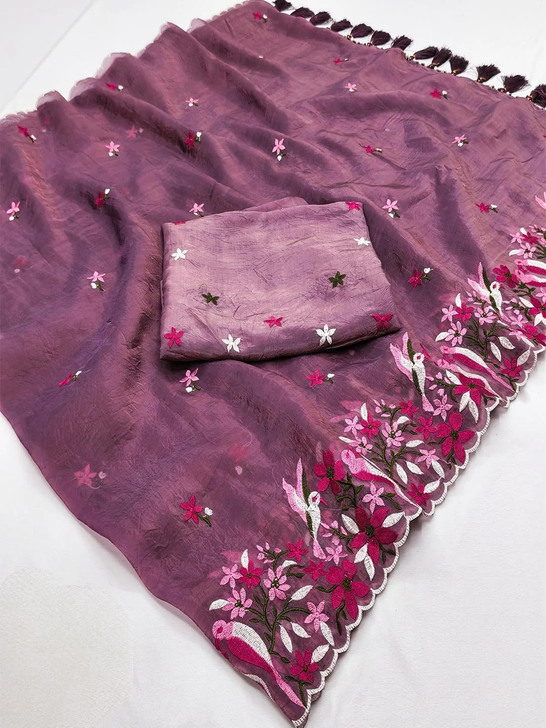 Dark Mauve Shimmer Saree with Floral Embroidery and Elegant Designer Look - Image 2