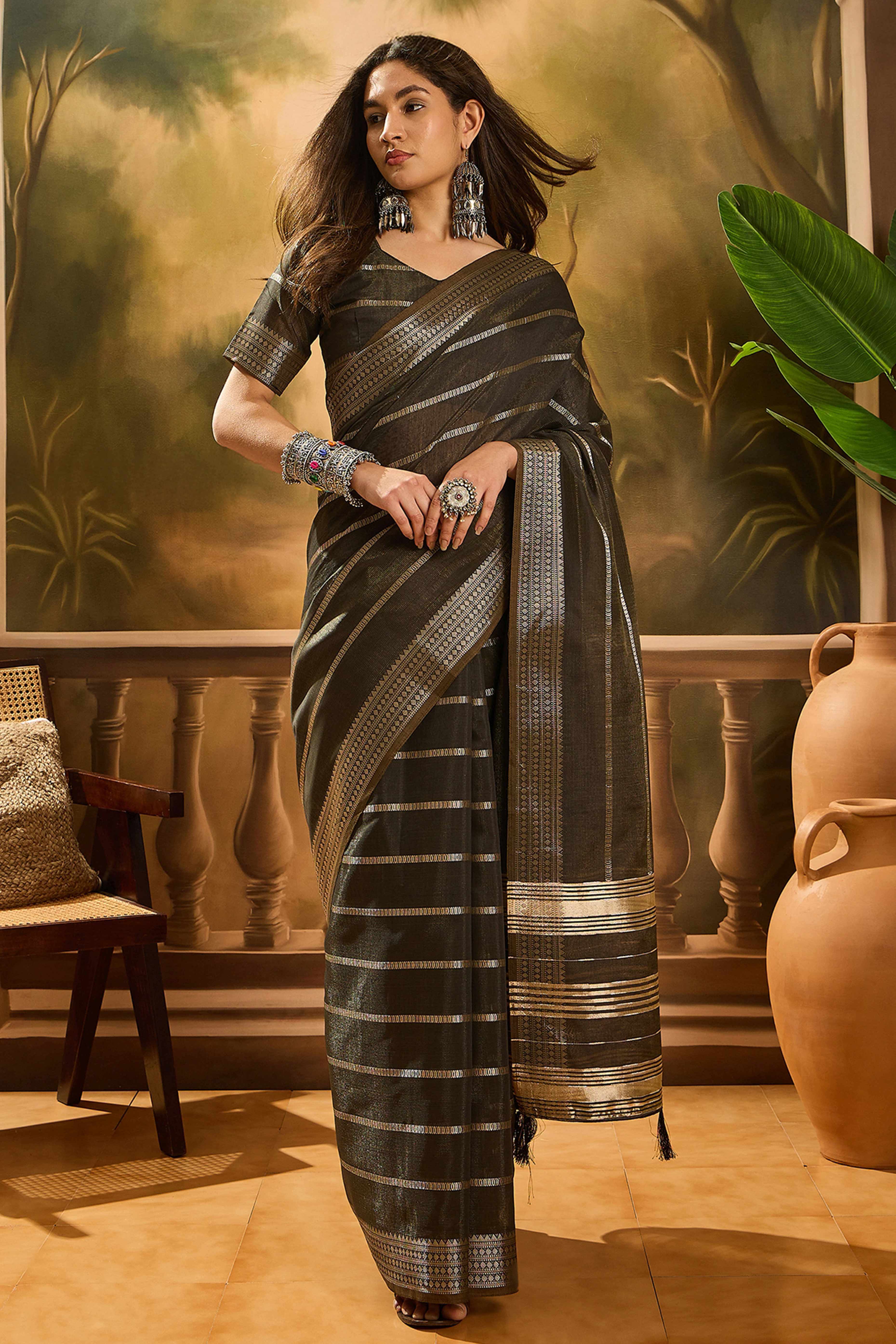 Dark Mehendi Green Zari Striped Khadi Organza Saree With Graceful Tassel Accents - Image 3