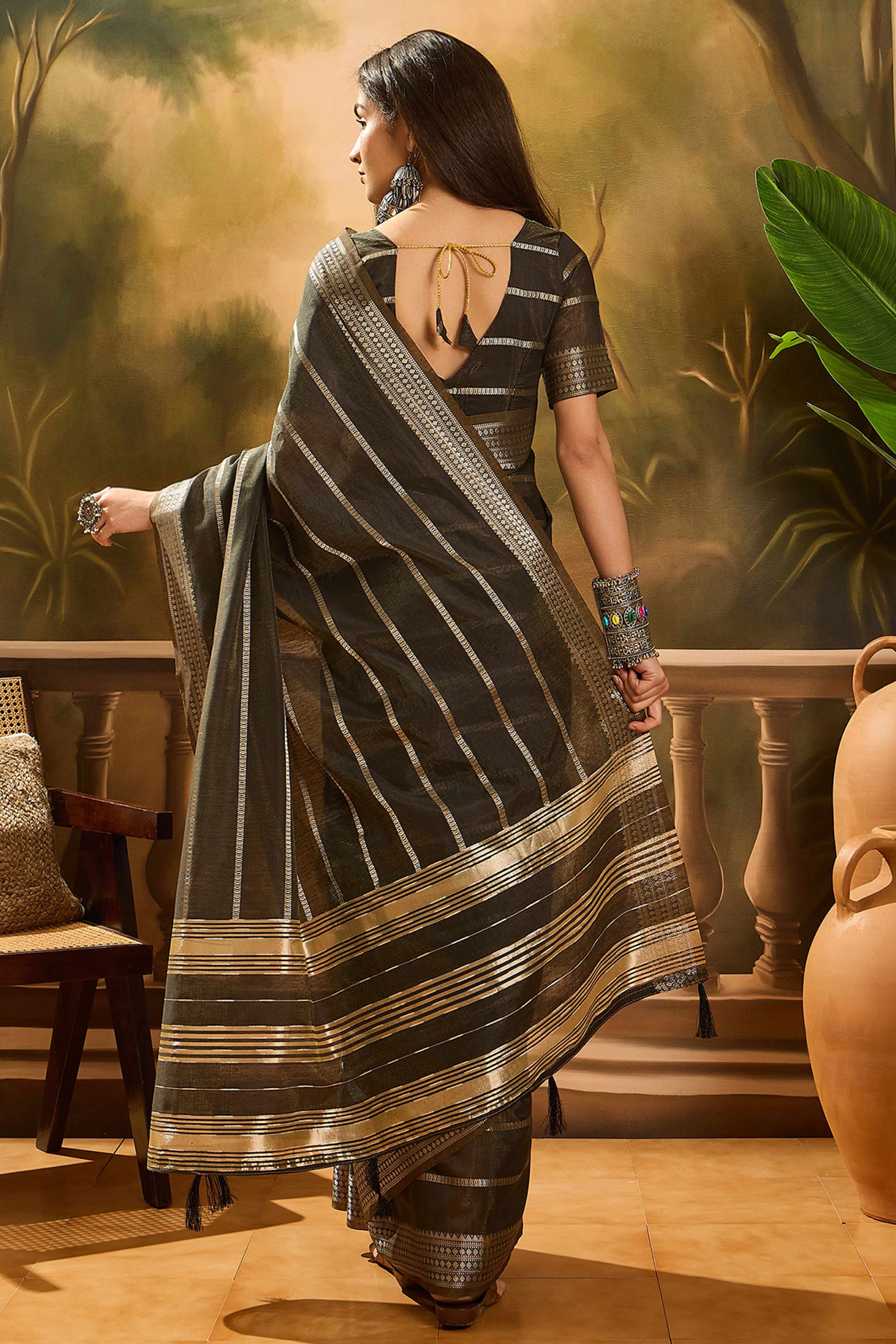 Dark Mehendi Green Zari Striped Khadi Organza Saree With Graceful Tassel Accents - Image 5