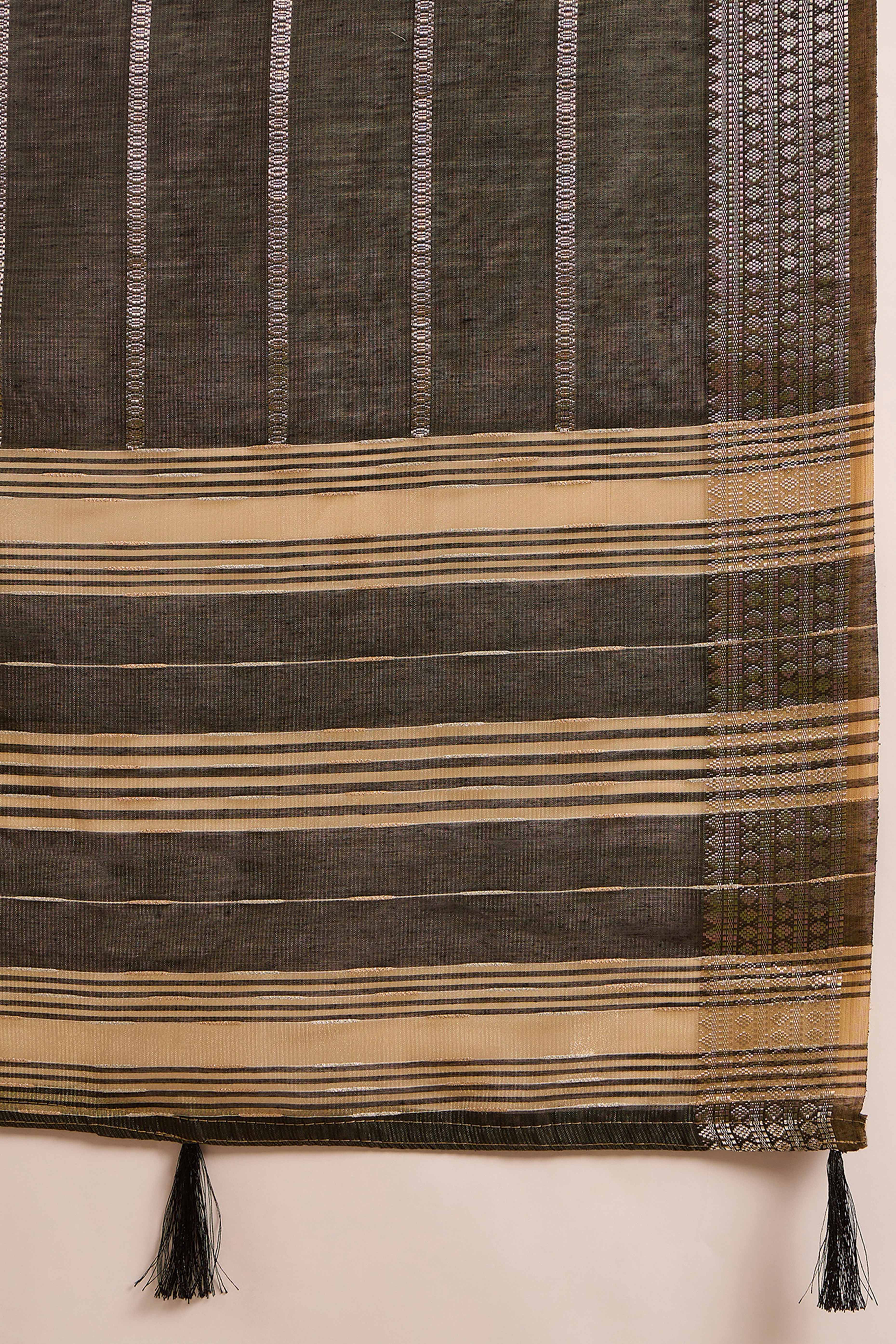 Dark Mehendi Green Zari Striped Khadi Organza Saree With Graceful Tassel Accents - Image 8