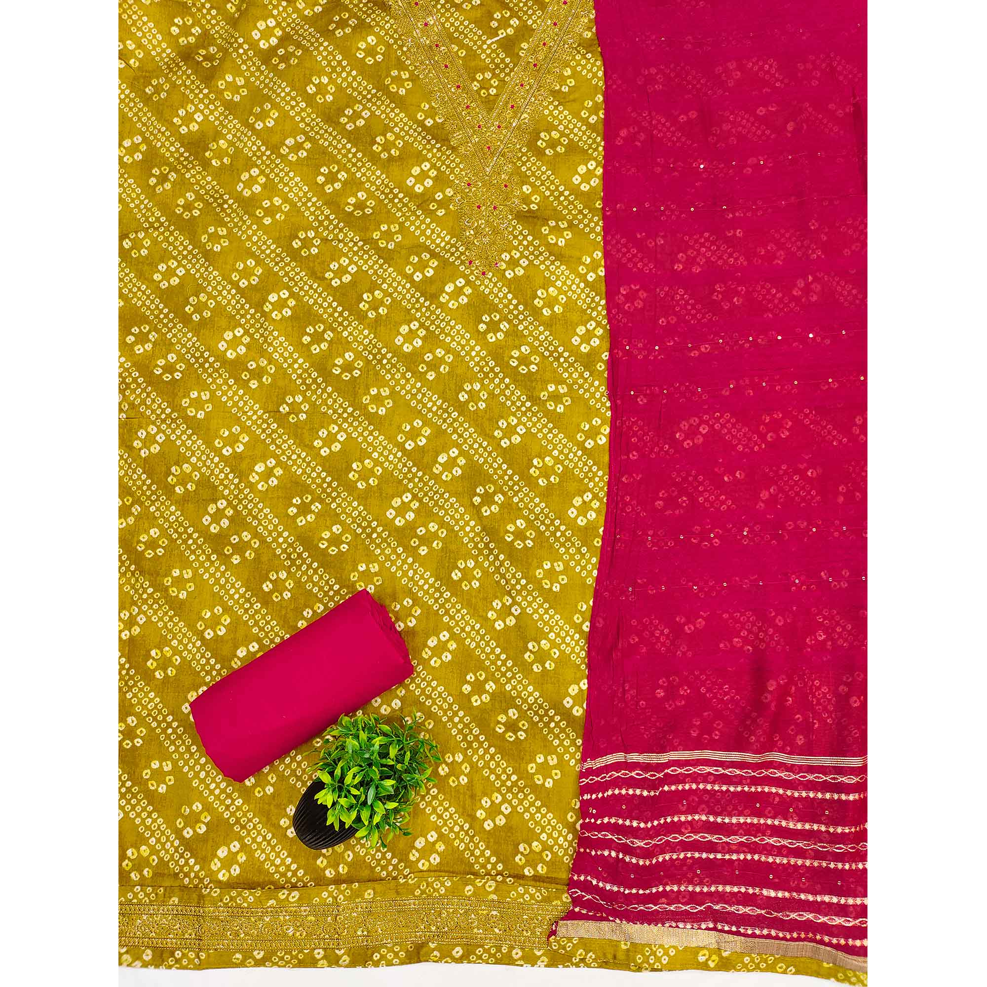 Dark Mustard Bandhani Print Cotton Blend Dress Material With Intricate Neck Embroidery Work - Image 3