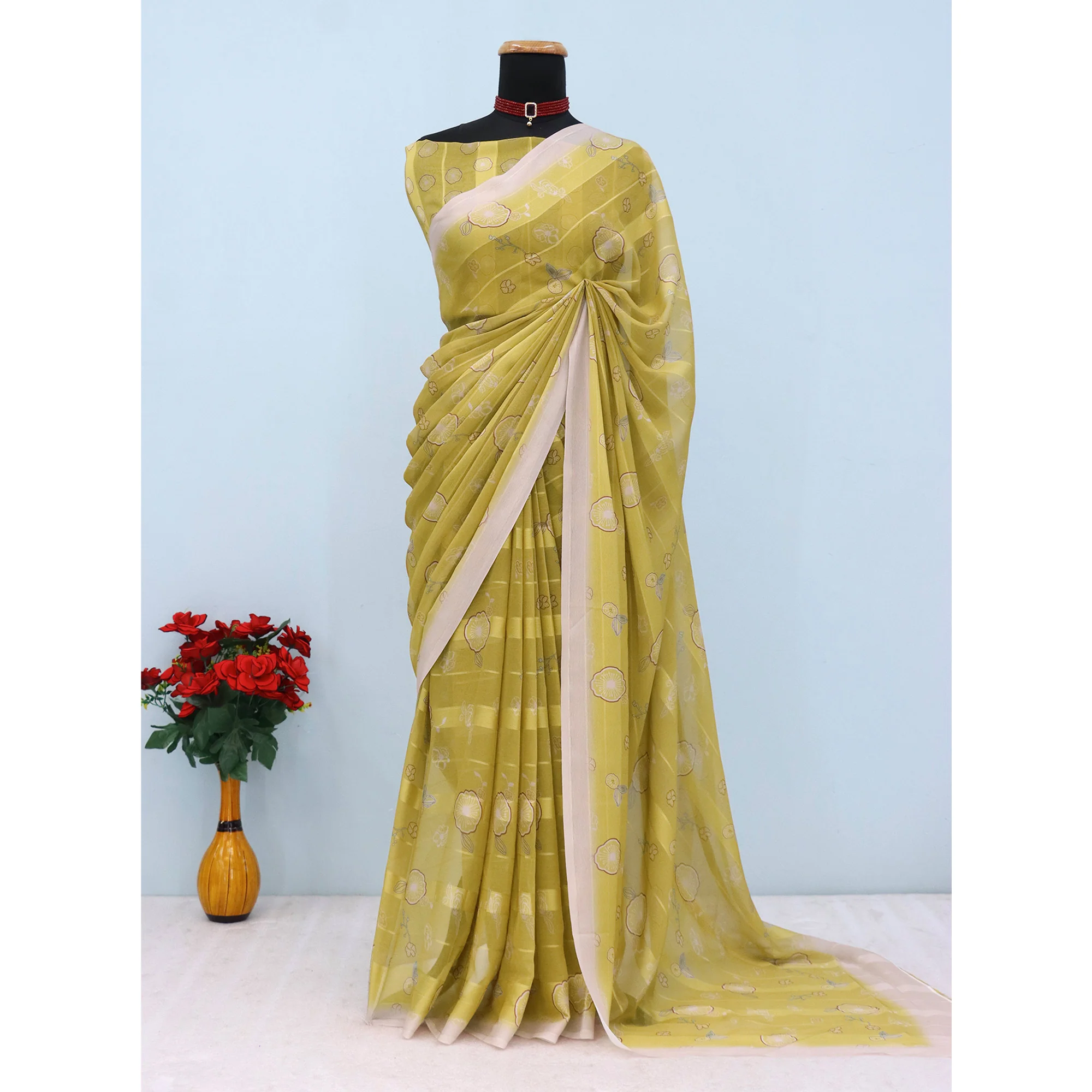Dark Mustard Bloom Floral Digital Printed Georgette Saree Accentuated With Graceful Zari Stripes - Image 3