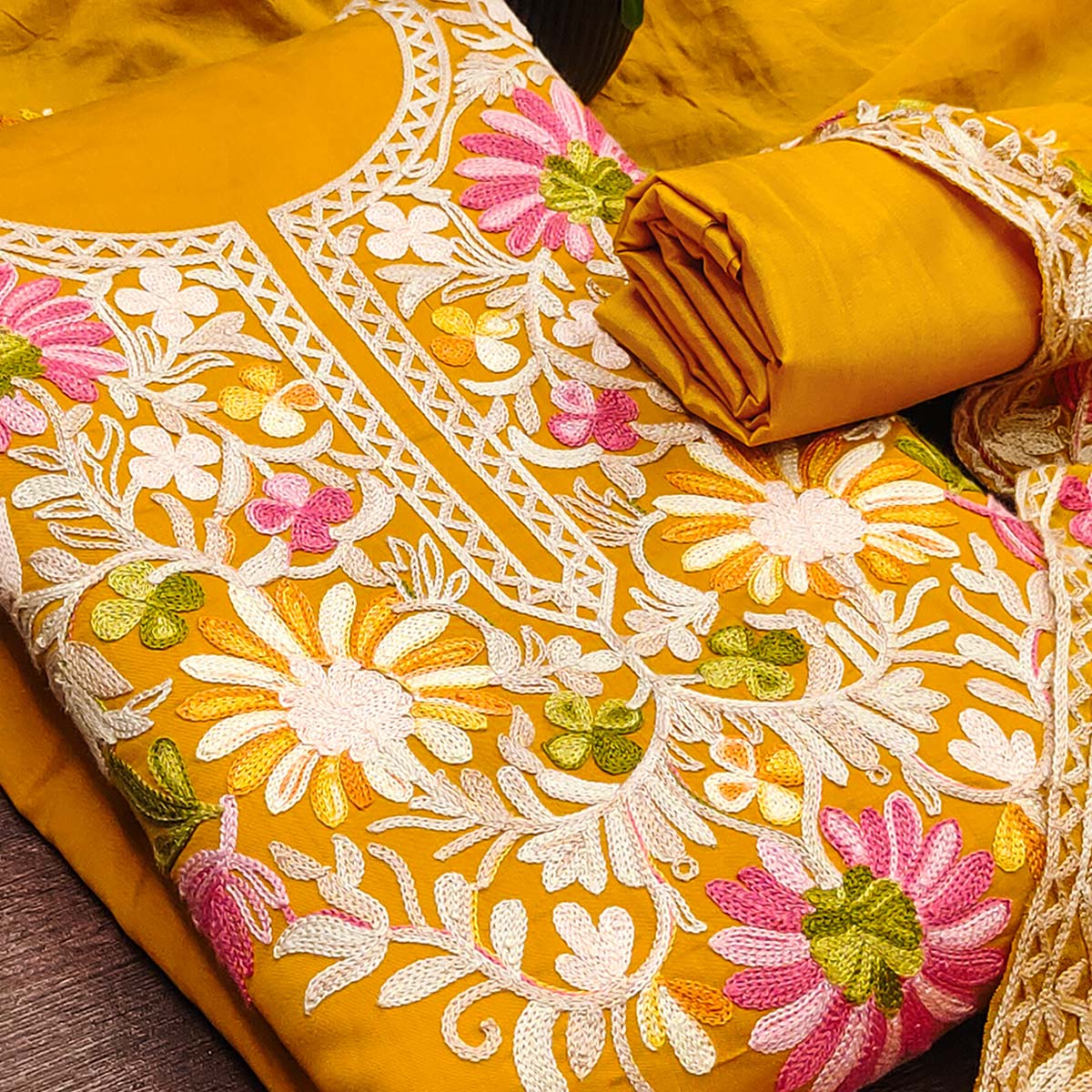 Dark Mustard Designer Roman Art Silk Dress Material Adorned With Floral Thread Embroidery Work - Image 2