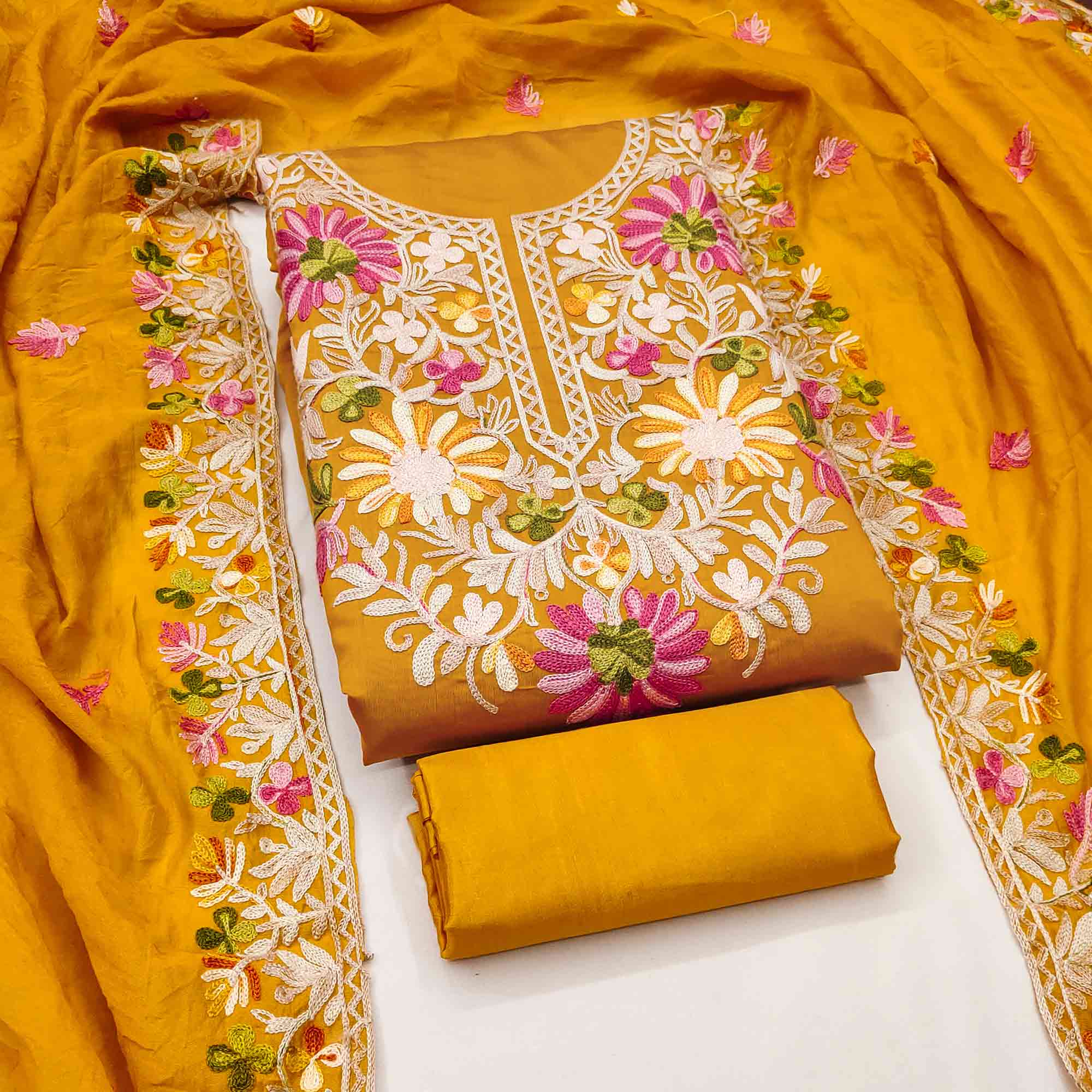 Dark Mustard Designer Roman Art Silk Dress Material Adorned With Floral Thread Embroidery Work - Image 3