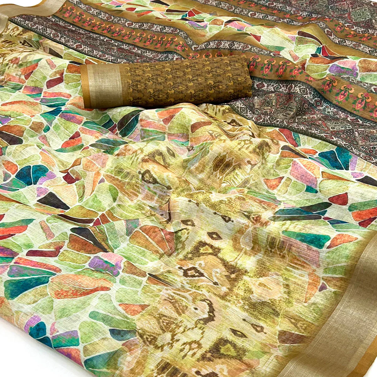 Dark Mustard Digital Printed Linen Saree With Woven Border - Image 2