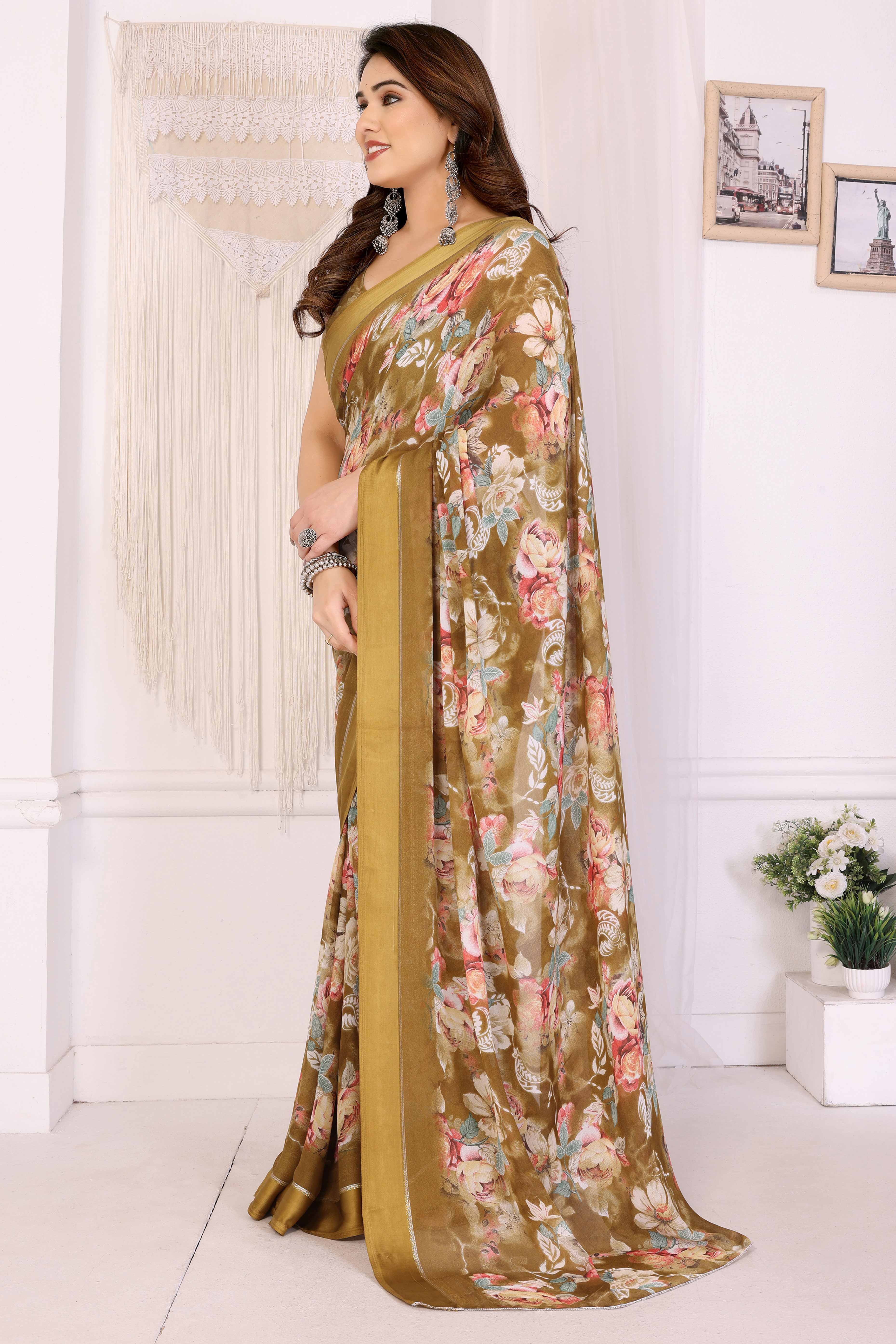 Dark Mustard Floral Printed Crepe Saree Enhanced With A Lustrous Satin Patta Border - Image 3