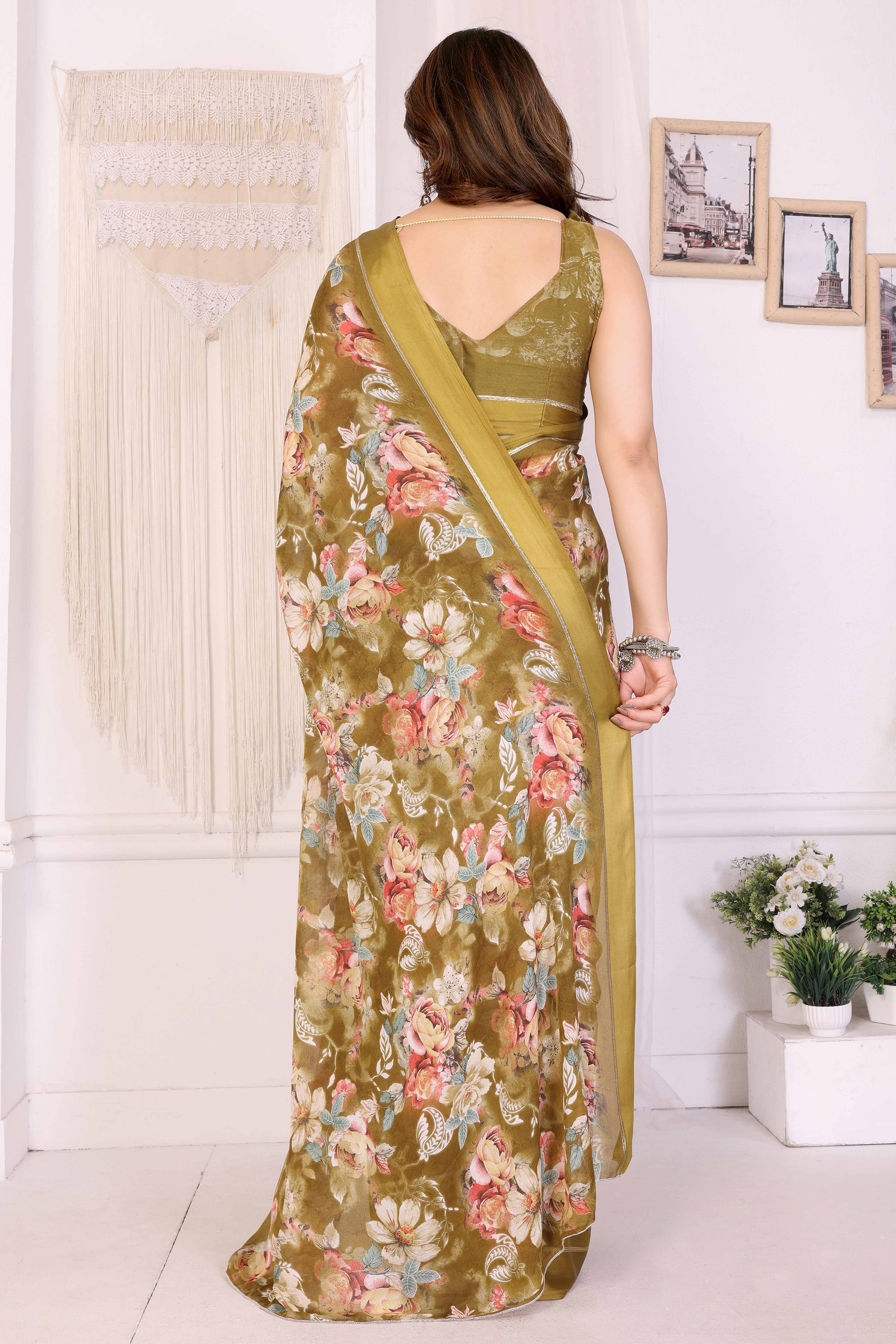 Dark Mustard Floral Printed Crepe Saree Enhanced With A Lustrous Satin Patta Border - Image 5
