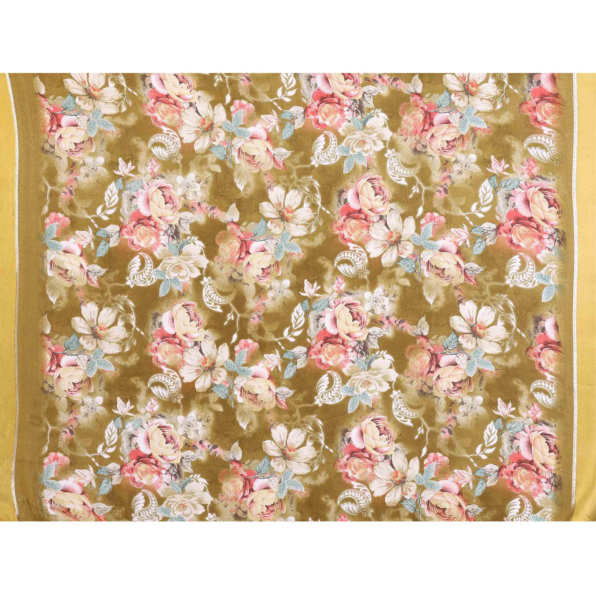 Dark Mustard Floral Printed Crepe Saree Enhanced With A Lustrous Satin Patta Border - Image 8