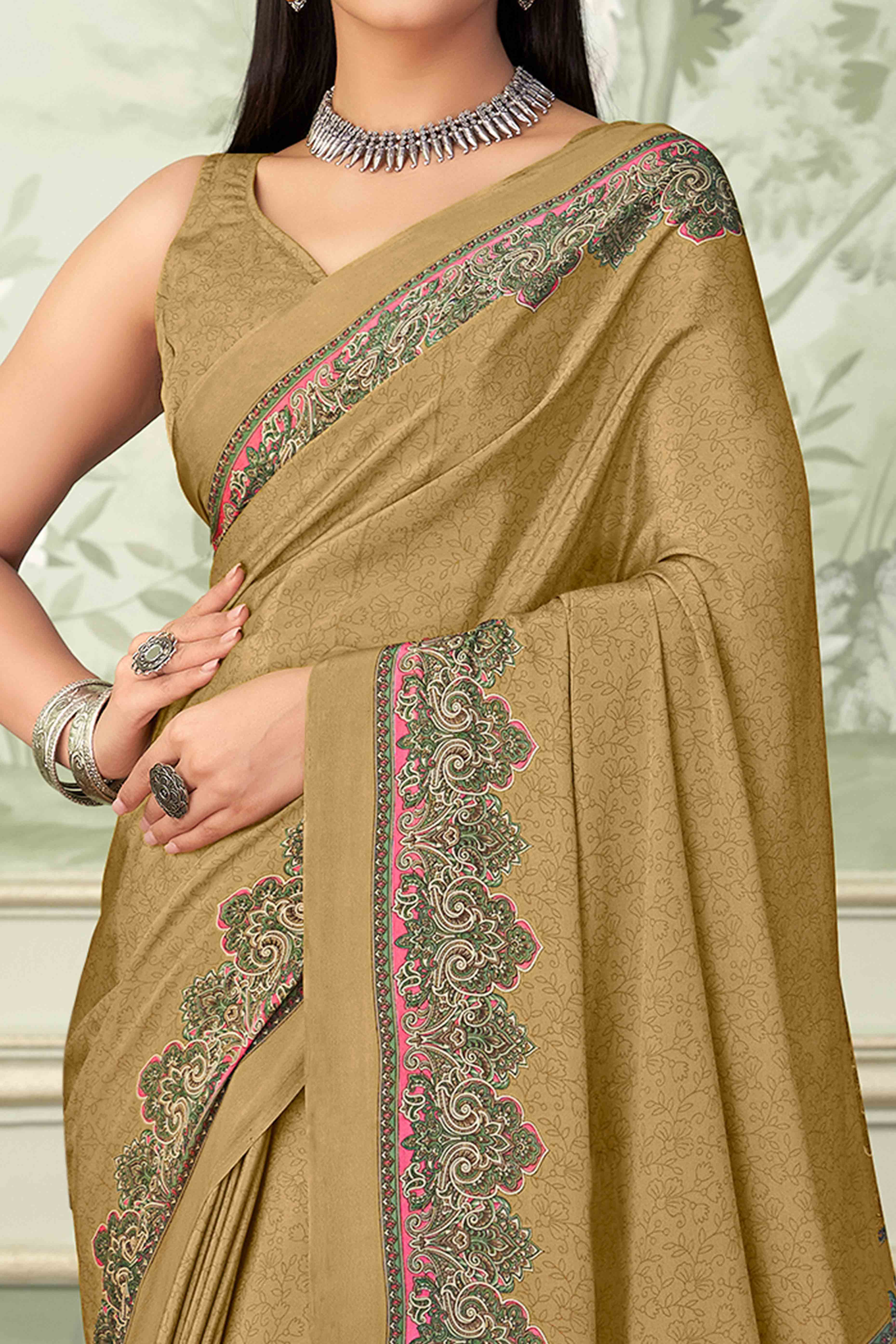 Dark Mustard Floral Printed Crepe Silk Saree - Image 2