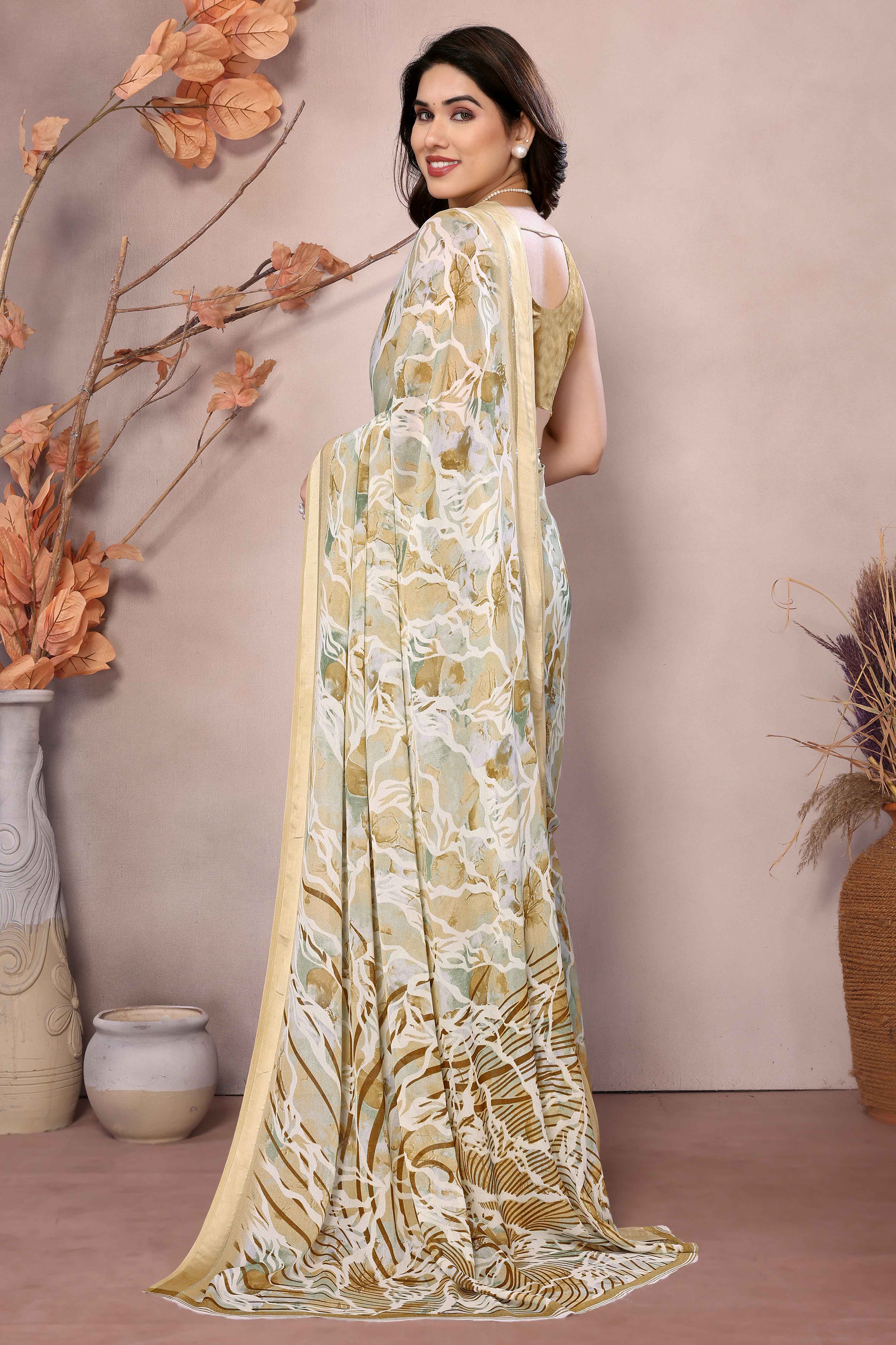 Dark Mustard Floral Printed Moss Art Silk Saree - Image 5