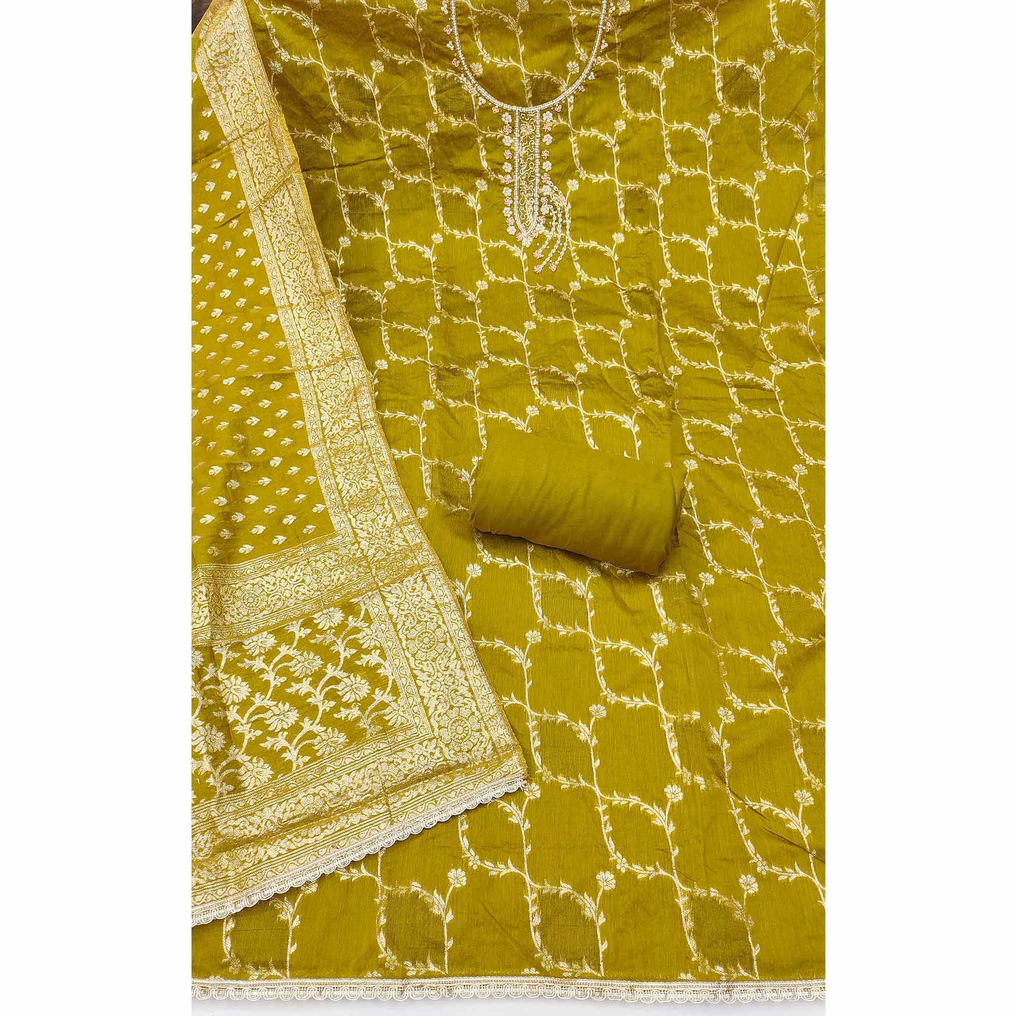 Dark Mustard Floral Weaving Banarasi Silk Dress Material Featuring Sequins & Moti Handwork - Image 4