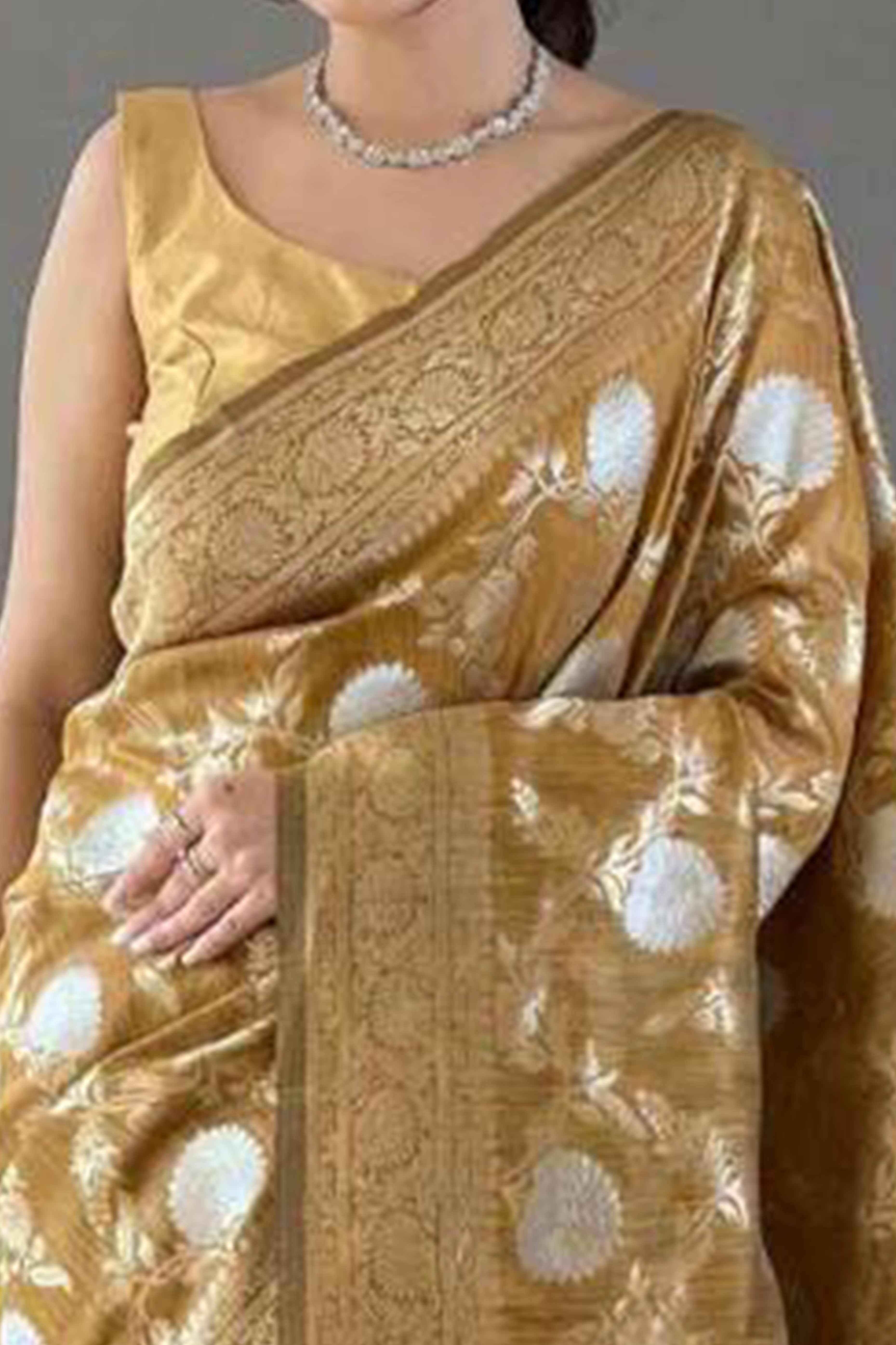 Dark Mustard Floral Woven Cotton Silk Saree - Image 2