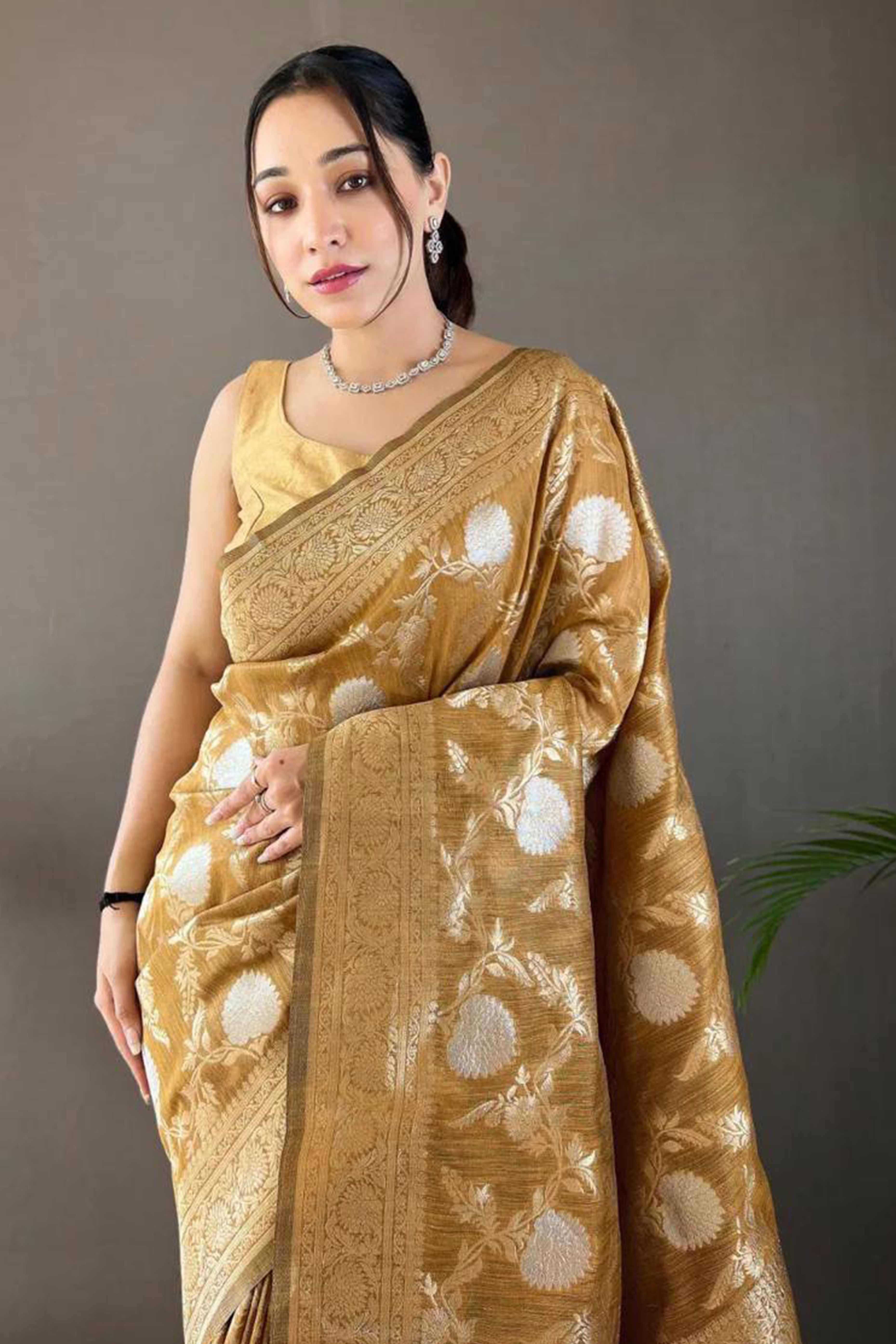 Dark Mustard Floral Woven Cotton Silk Saree - Image 4