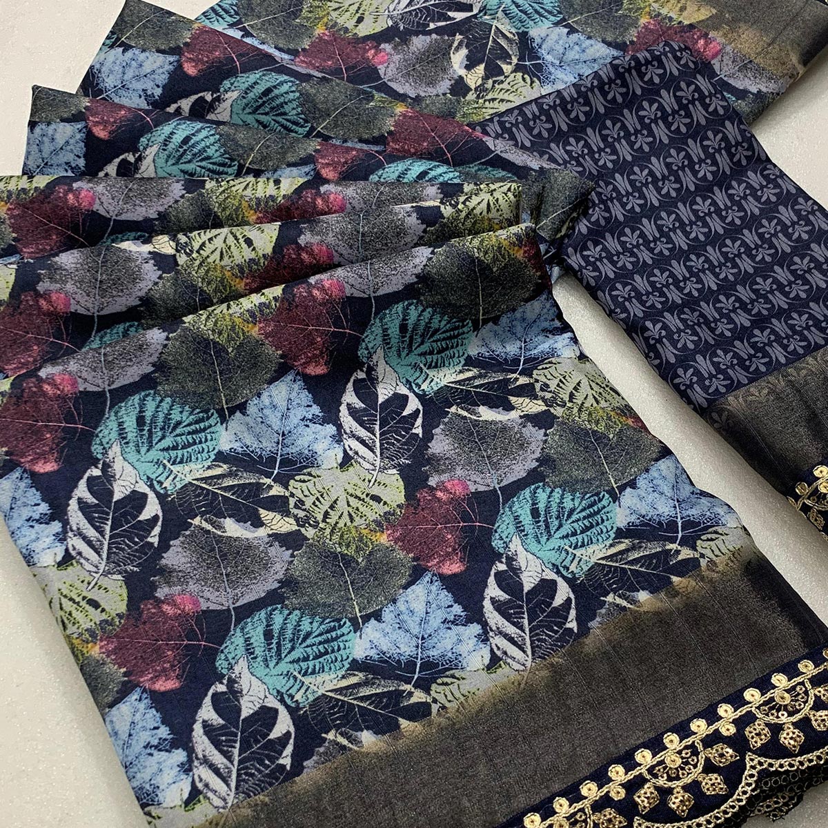 Dark Navy Blue Floral Digital Printed Tussar Silk Saree With Sequins Embroidered Border - Image 2
