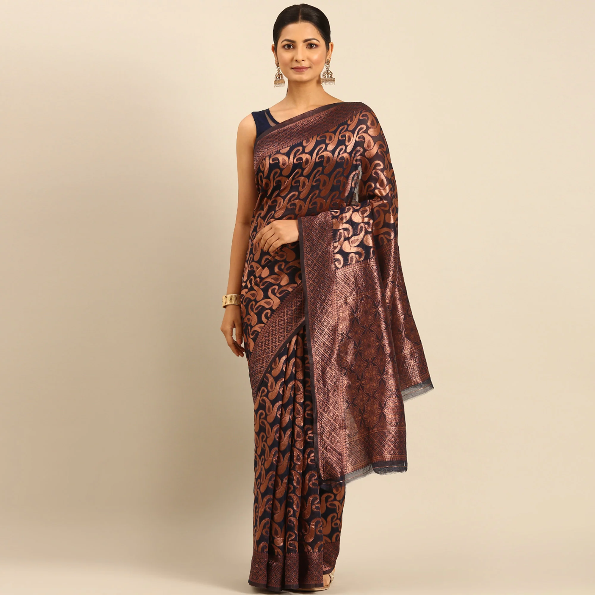 Dark Navy Blue Floral Woven Cotton Silk Saree - Image 2