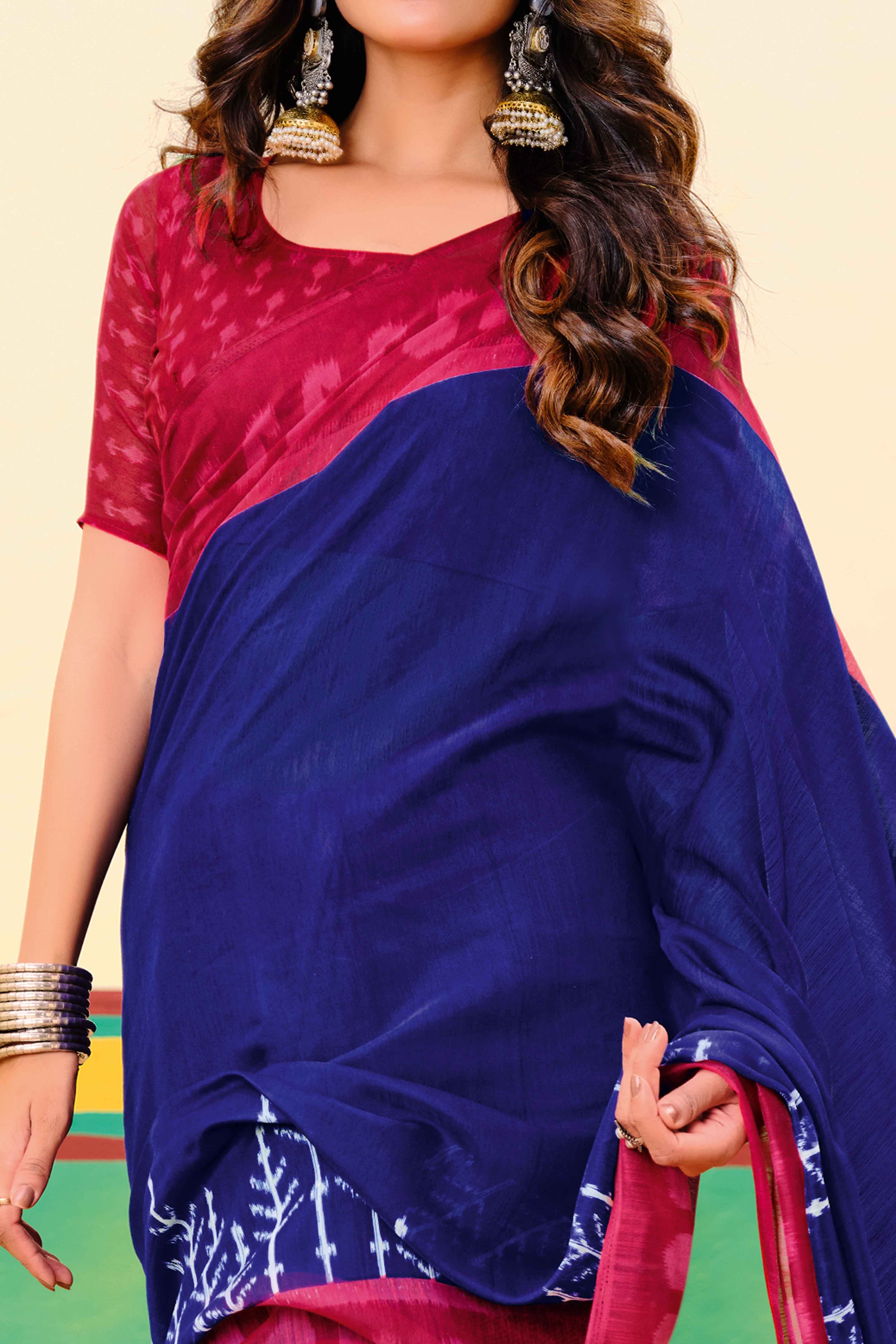 Dark Navy Blue Ikkat Printed Mulmul Cotton Saree - Image 2