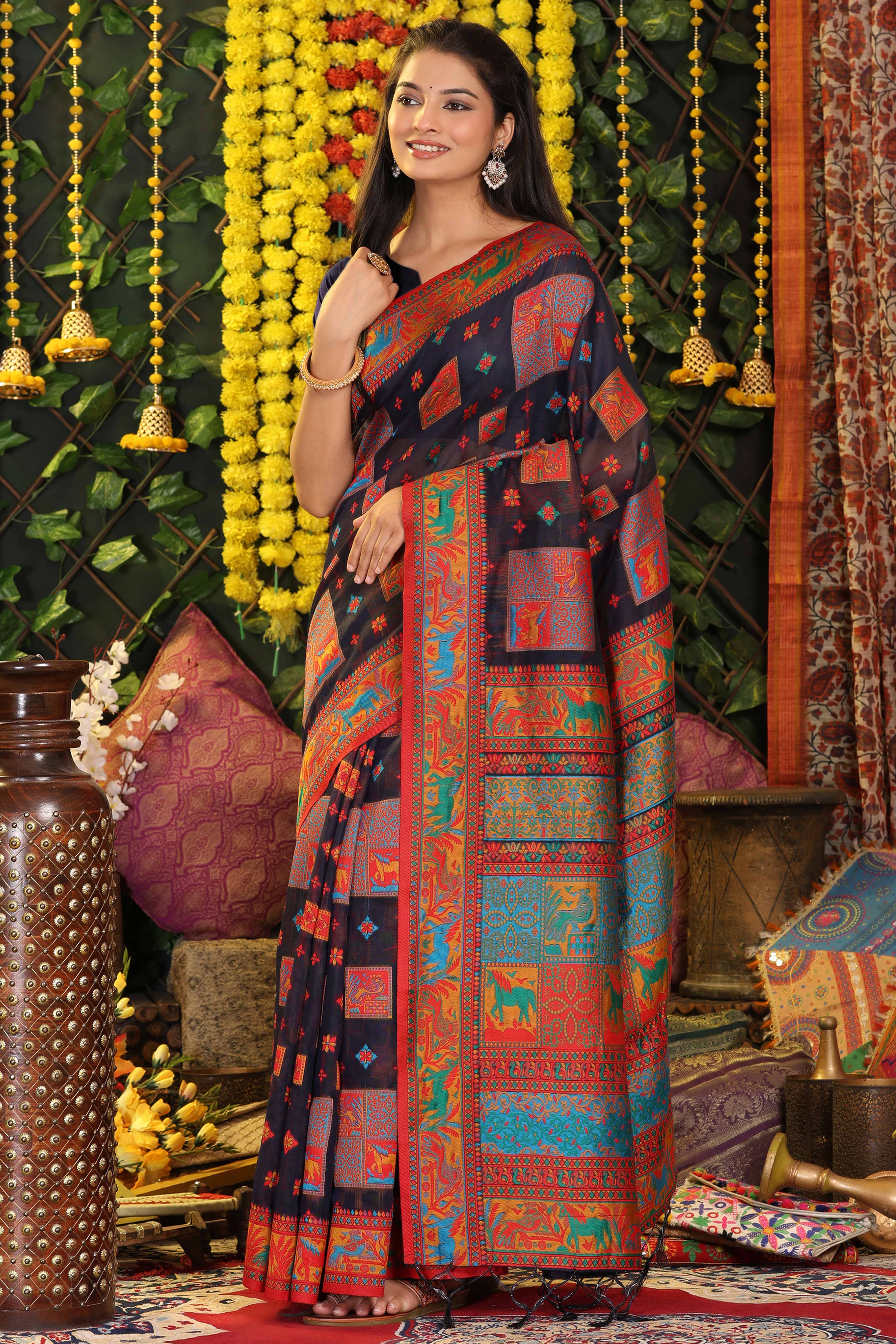 Dark Navy Blue Linen Cotton Saree Adorned With Floral Zari Weaving & Tassel Pallu - Image 3