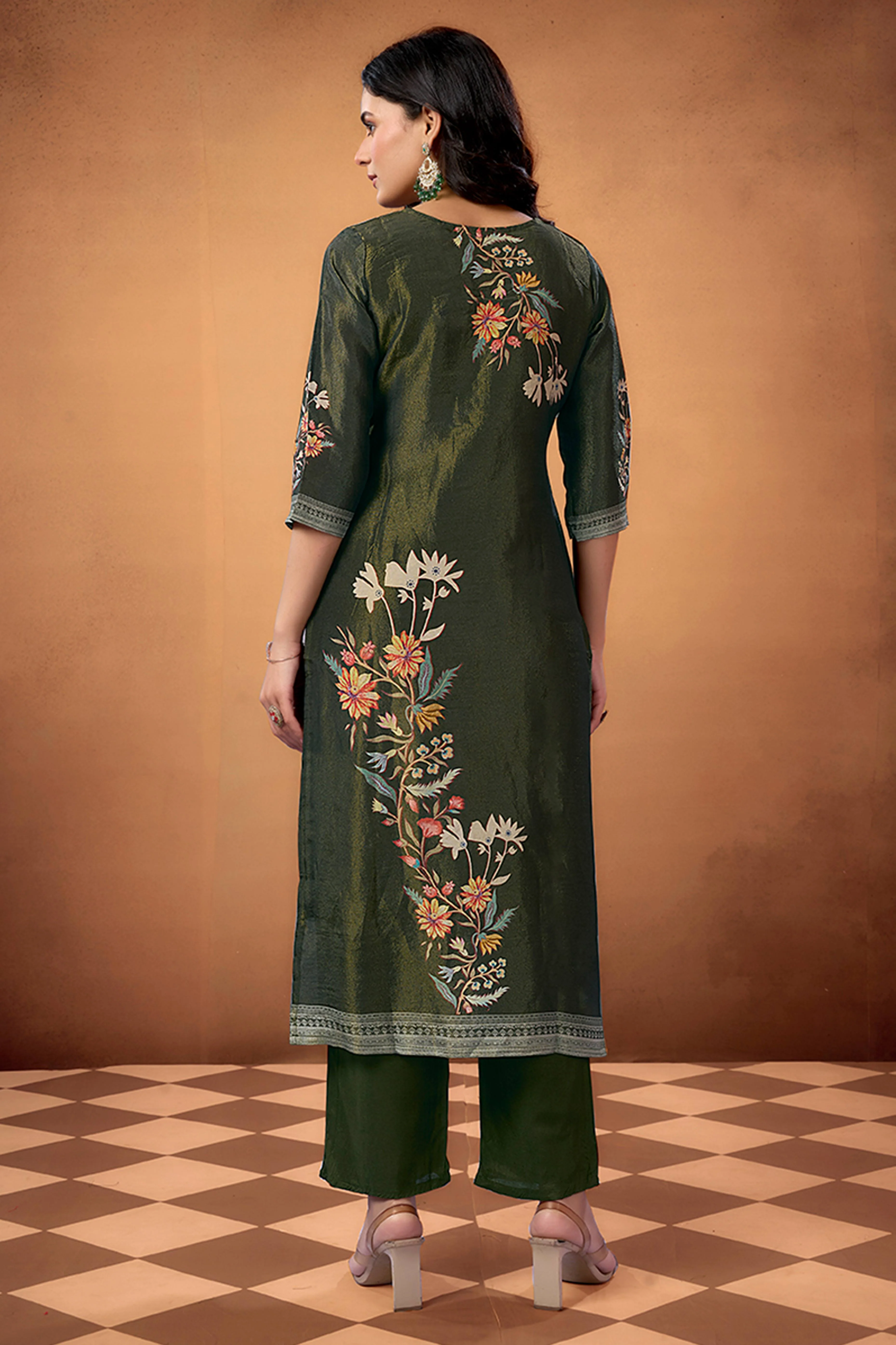 Dark Olive Floral Weaving Shimmer Straight Salwar Suit - Image 5