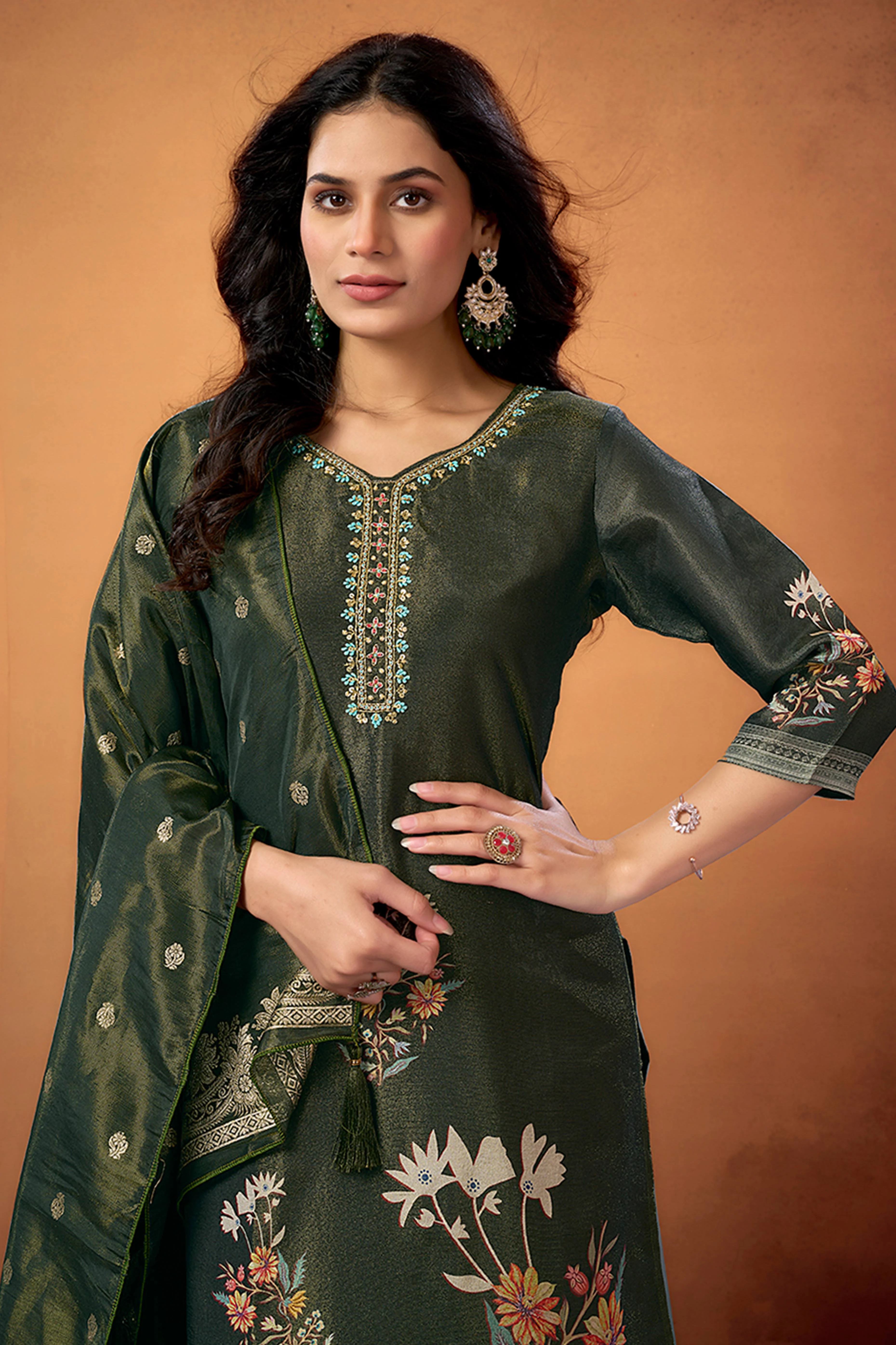 Dark Olive Floral Weaving Shimmer Straight Salwar Suit - Image 6