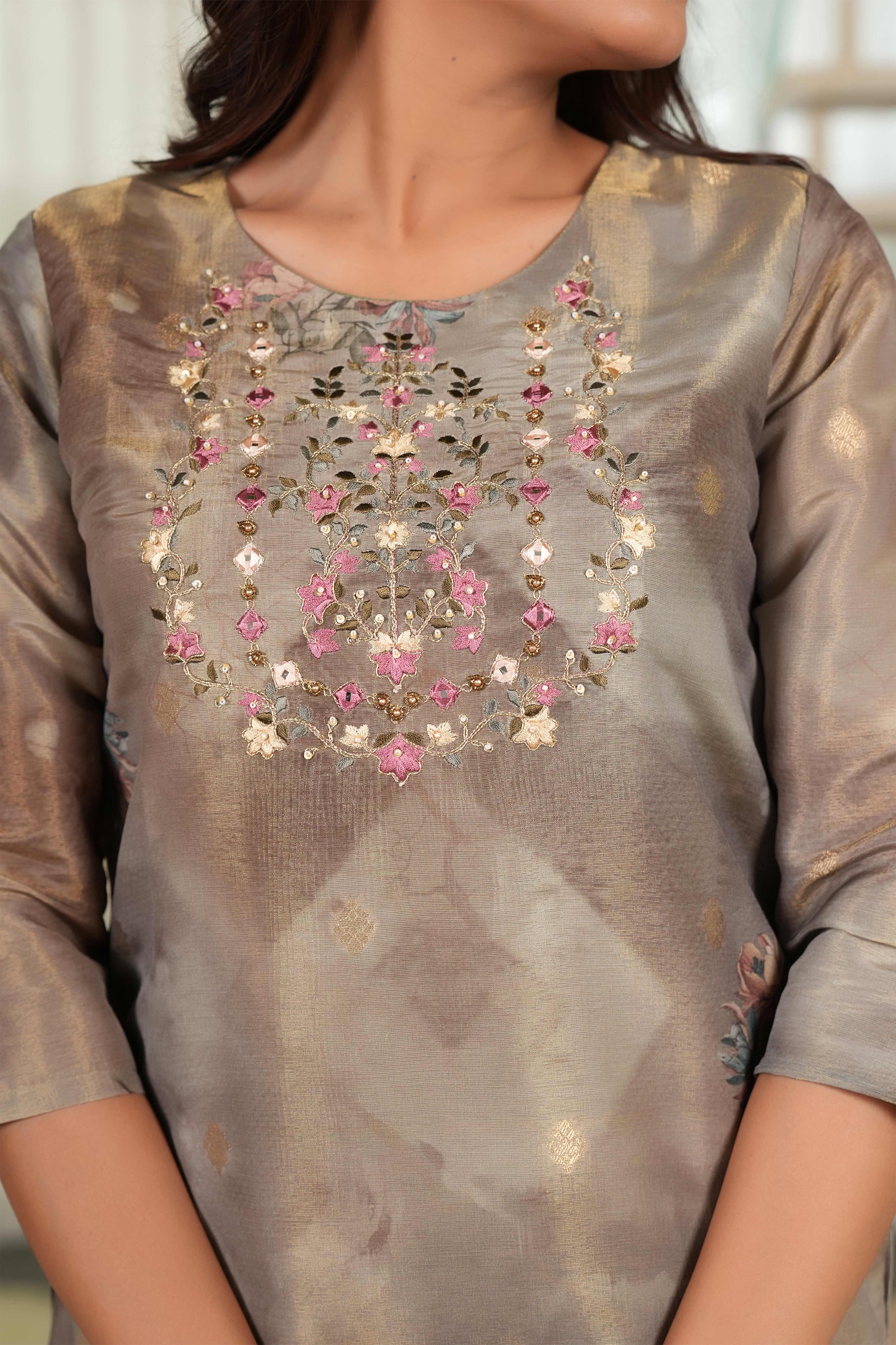Dark Olive Shimmer Chanderi Silk Suit with Floral Digital Work & Subtle Hand Embroidery - Image 3