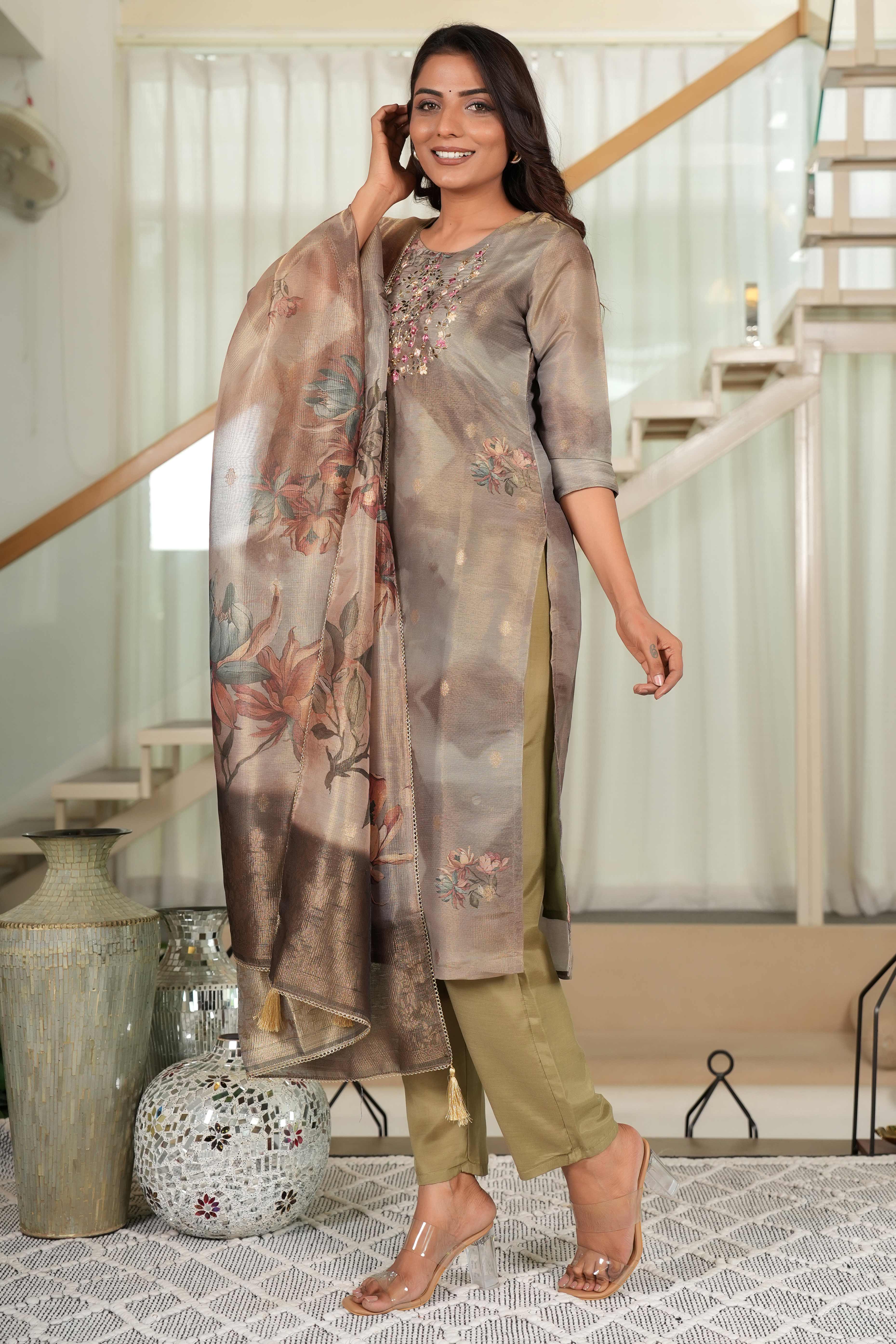 Dark Olive Shimmer Chanderi Silk Suit with Floral Digital Work & Subtle Hand Embroidery - Image 5