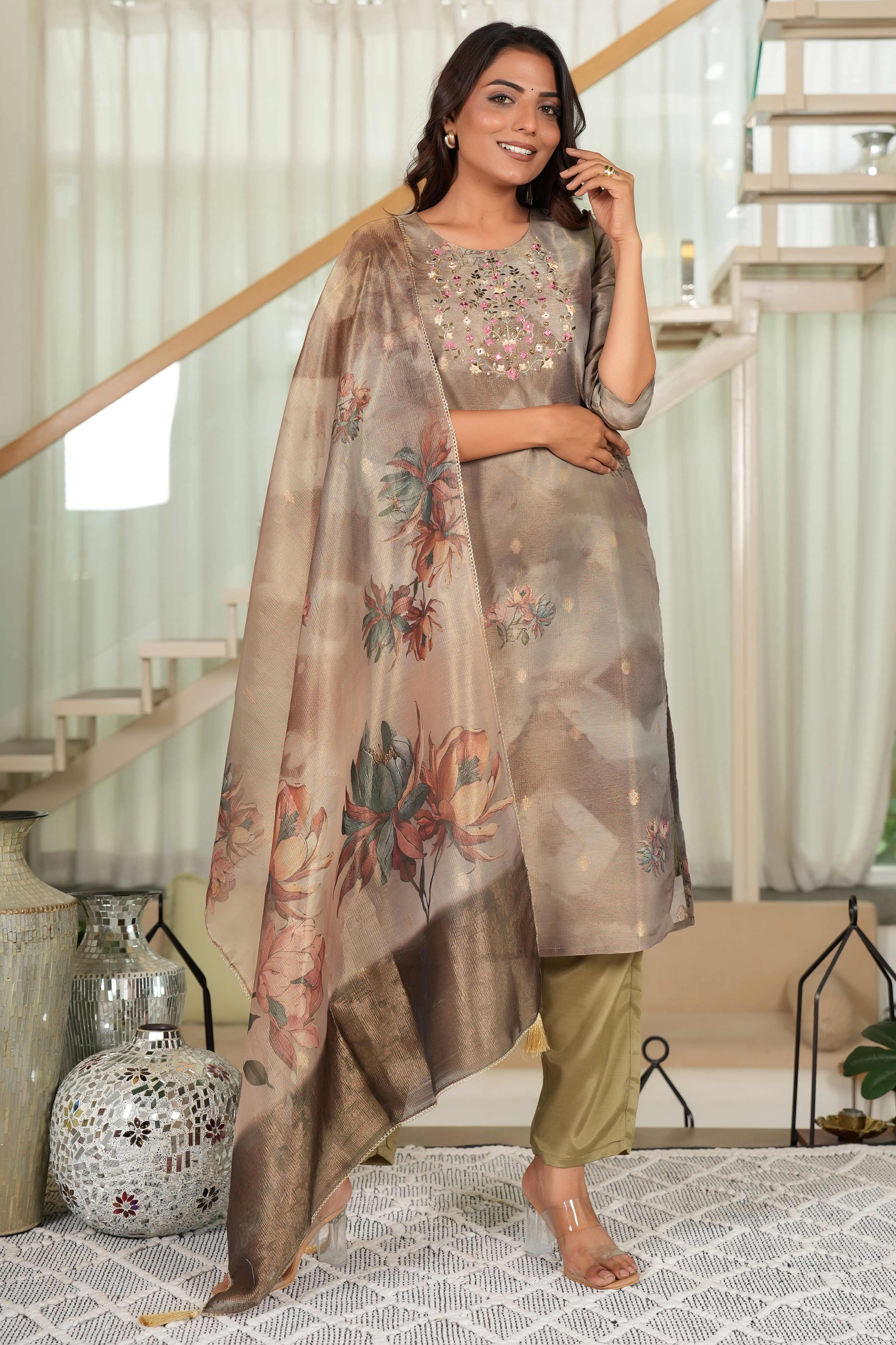 Dark Olive Shimmer Chanderi Silk Suit with Floral Digital Work & Subtle Hand Embroidery - Image 7