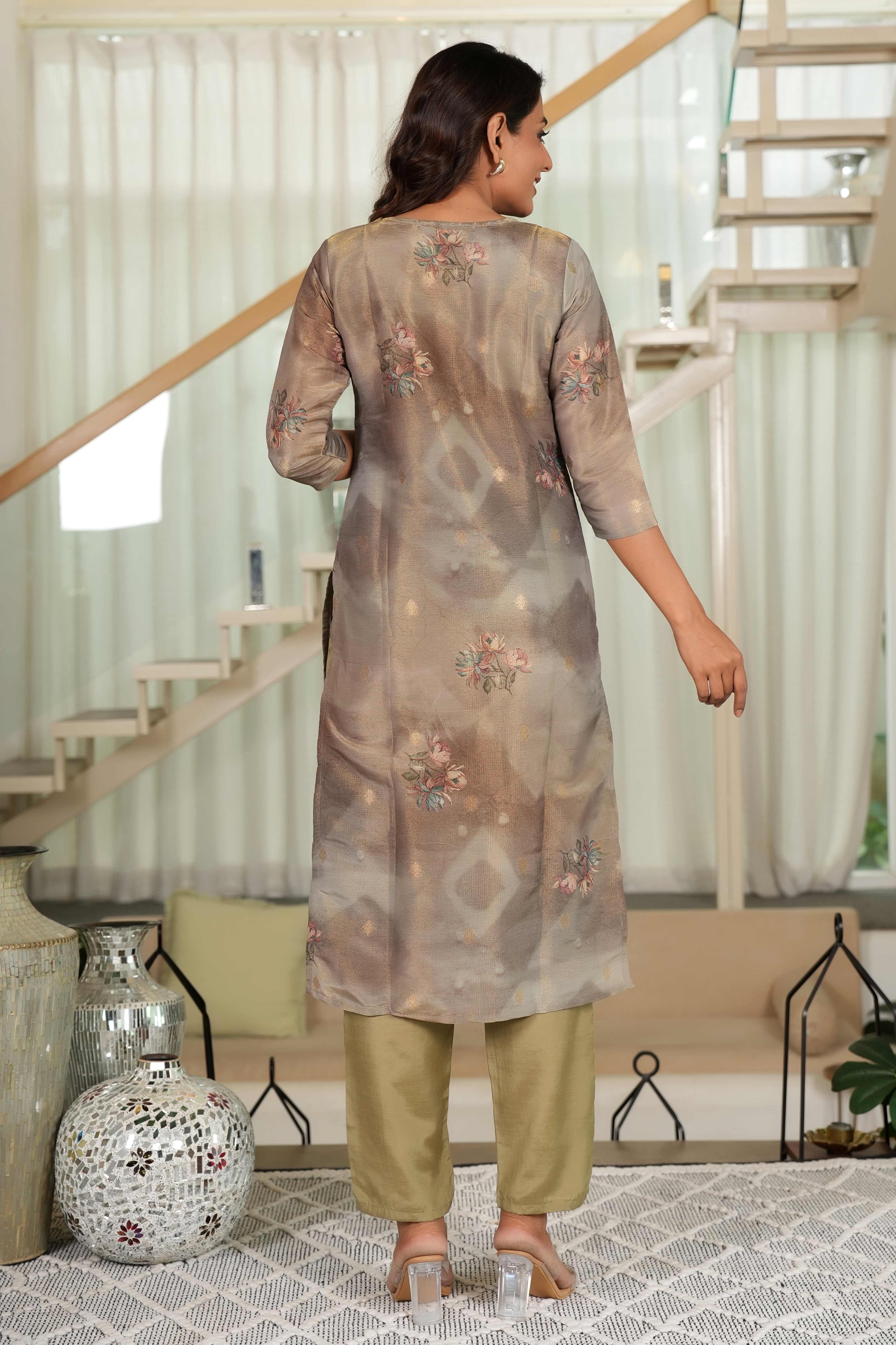 Dark Olive Shimmer Chanderi Silk Suit with Floral Digital Work & Subtle Hand Embroidery - Image 9