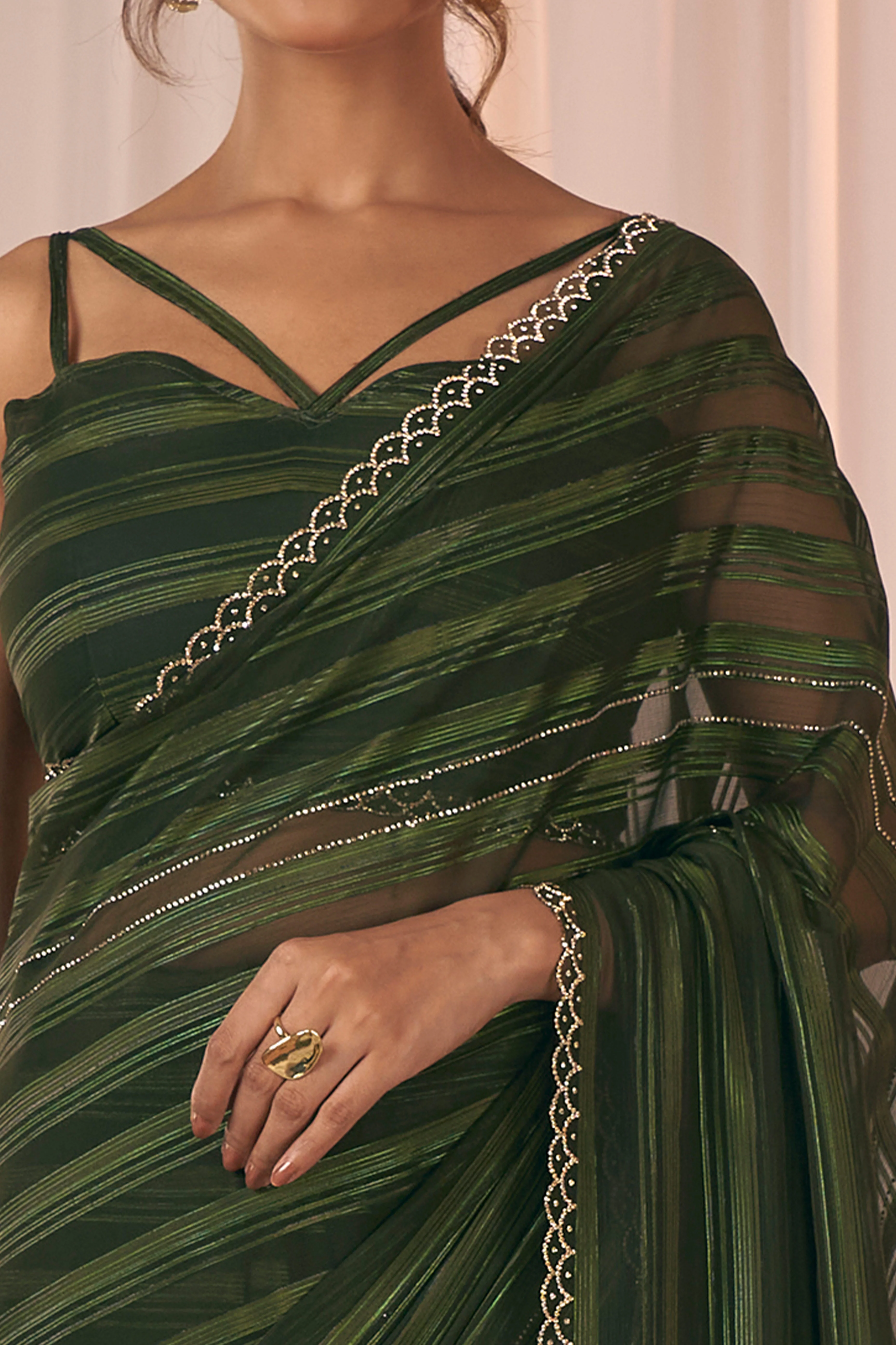 Dark Olive Striped Designer Georgette Saree Adorned With An Elegant Zarkan Cutwork Border - Image 2