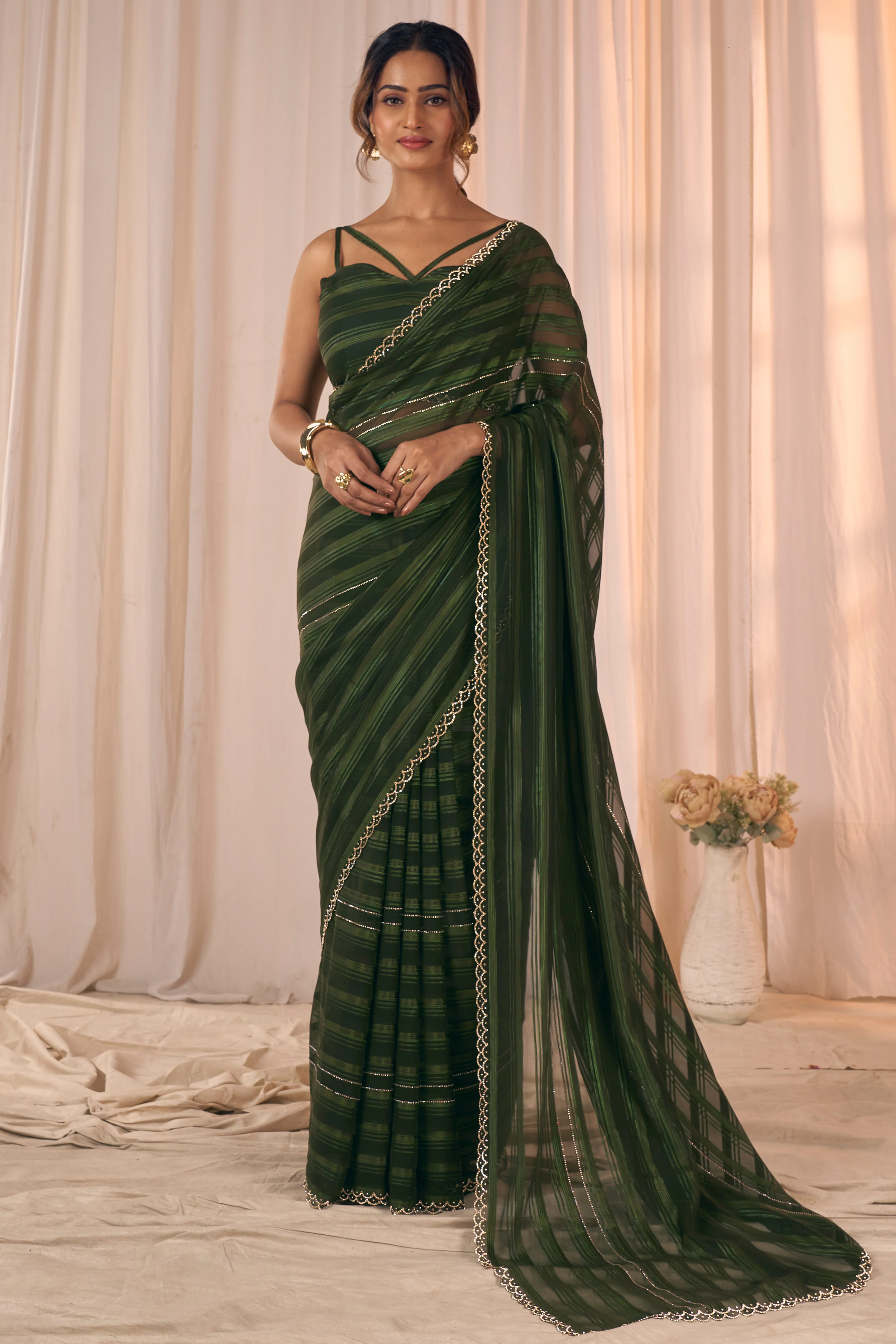 Dark Olive Striped Designer Georgette Saree Adorned With An Elegant Zarkan Cutwork Border - Image 3