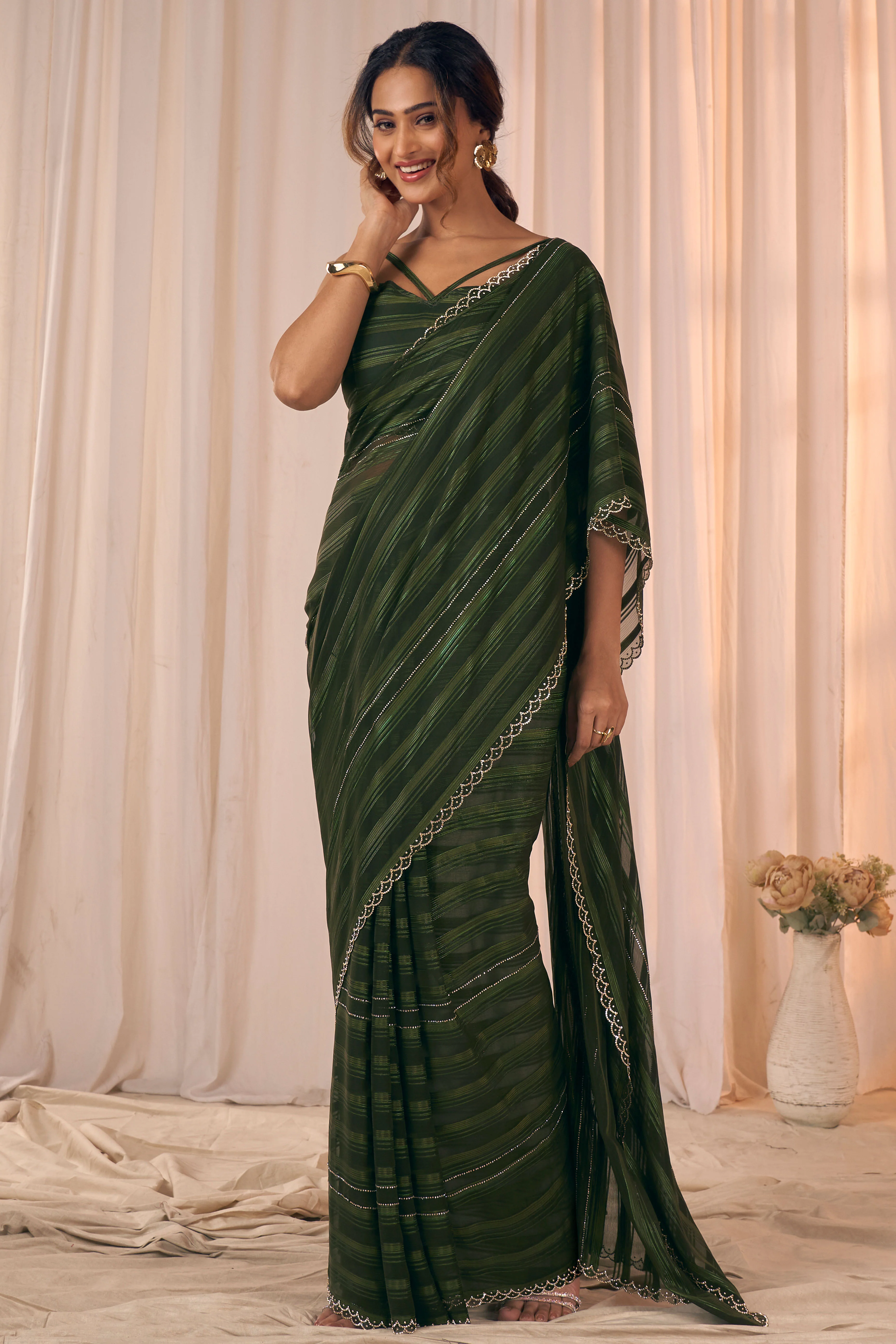 Dark Olive Striped Designer Georgette Saree Adorned With An Elegant Zarkan Cutwork Border - Image 4