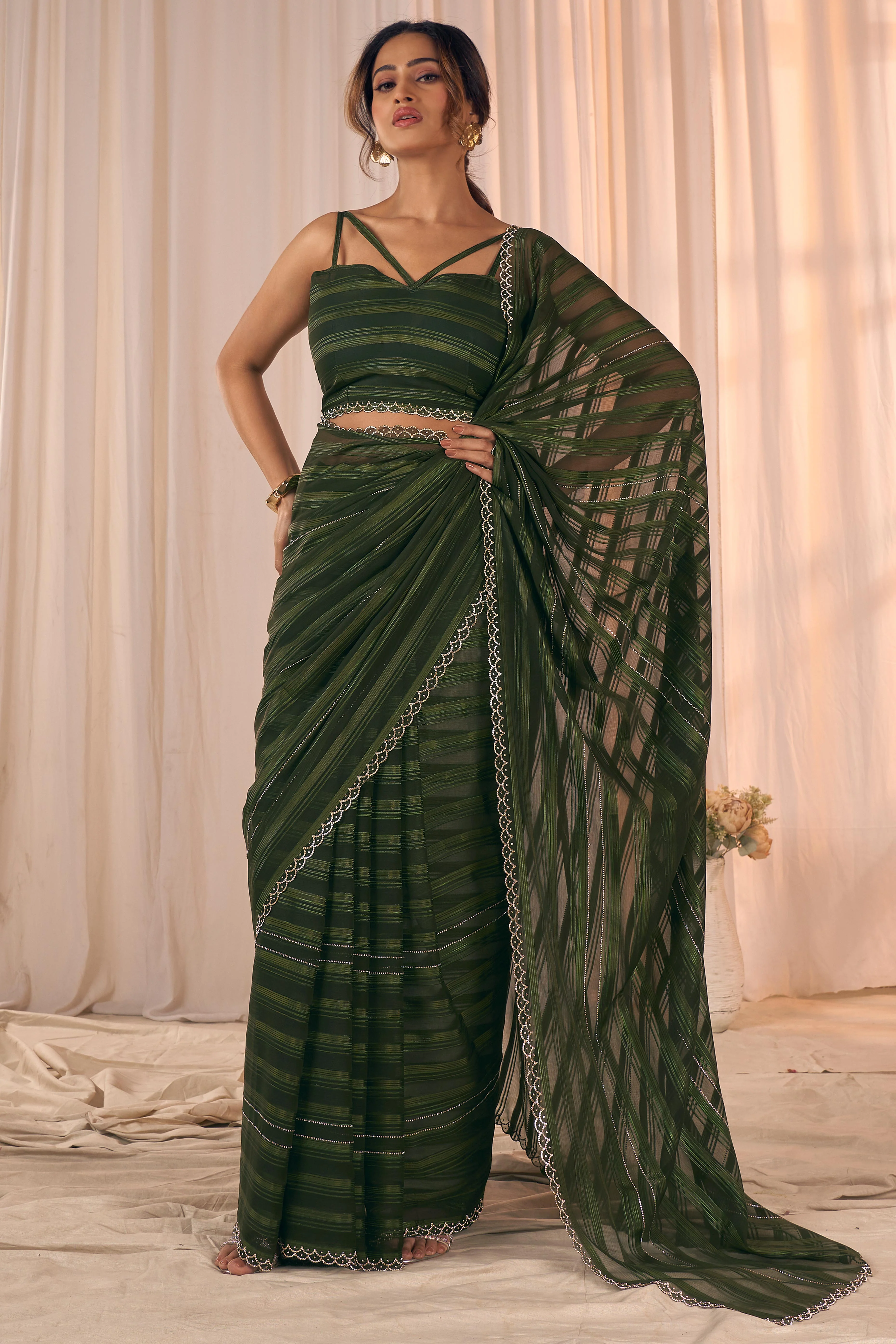 Dark Olive Striped Designer Georgette Saree Adorned With An Elegant Zarkan Cutwork Border - Image 5