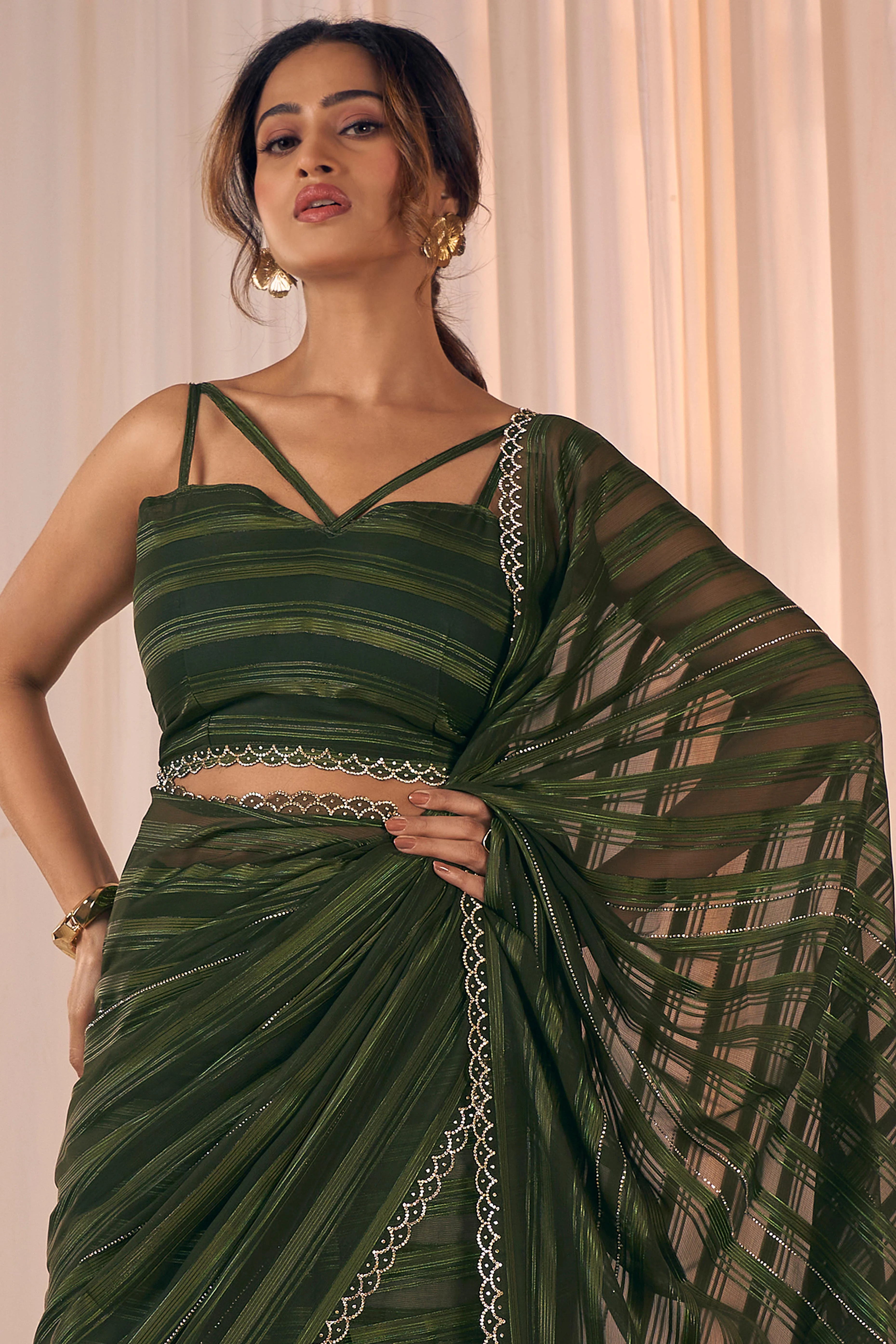 Dark Olive Striped Designer Georgette Saree Adorned With An Elegant Zarkan Cutwork Border - Image 7