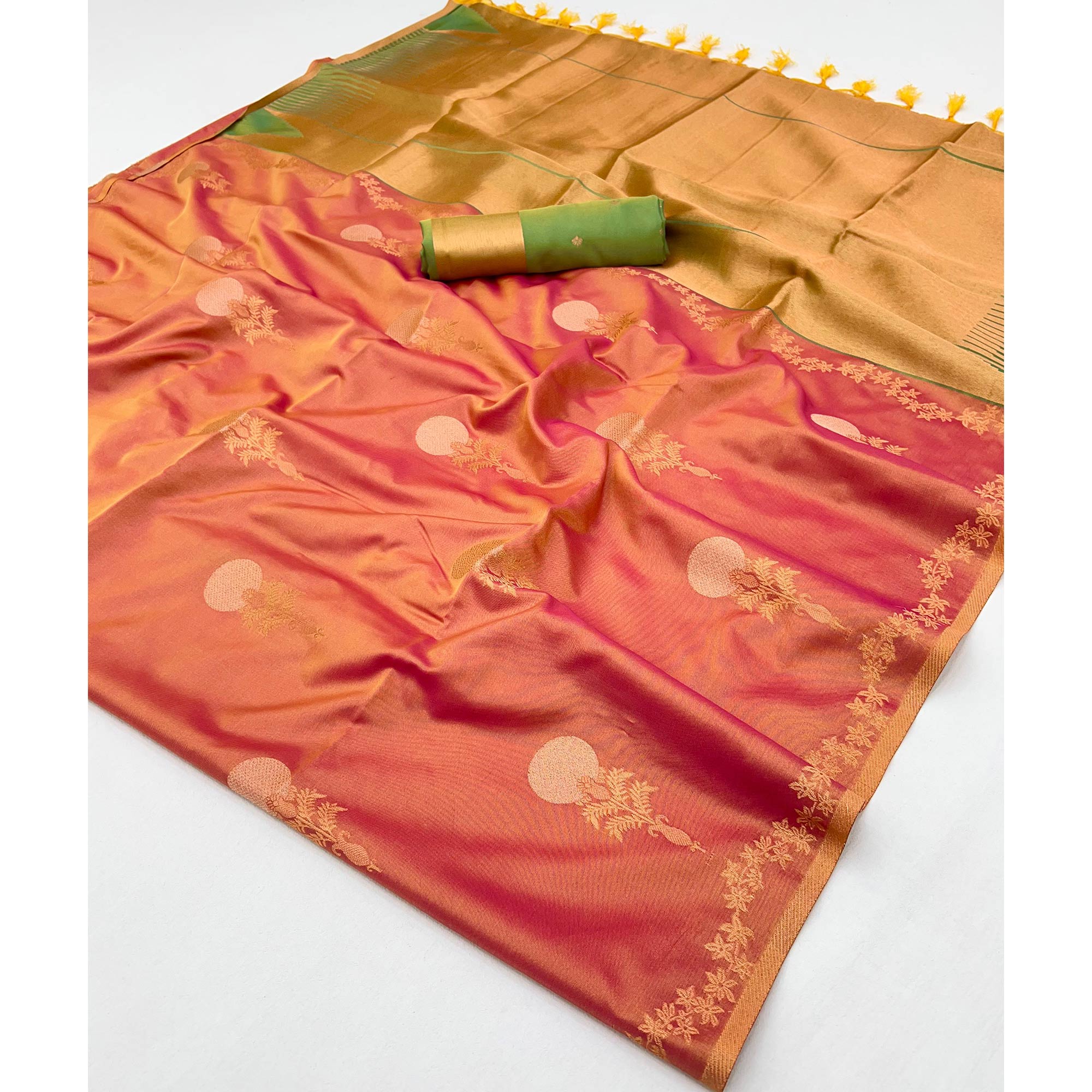 Dark Peach Banarasi Silk Saree with Floral Zari Weaving - Image 4